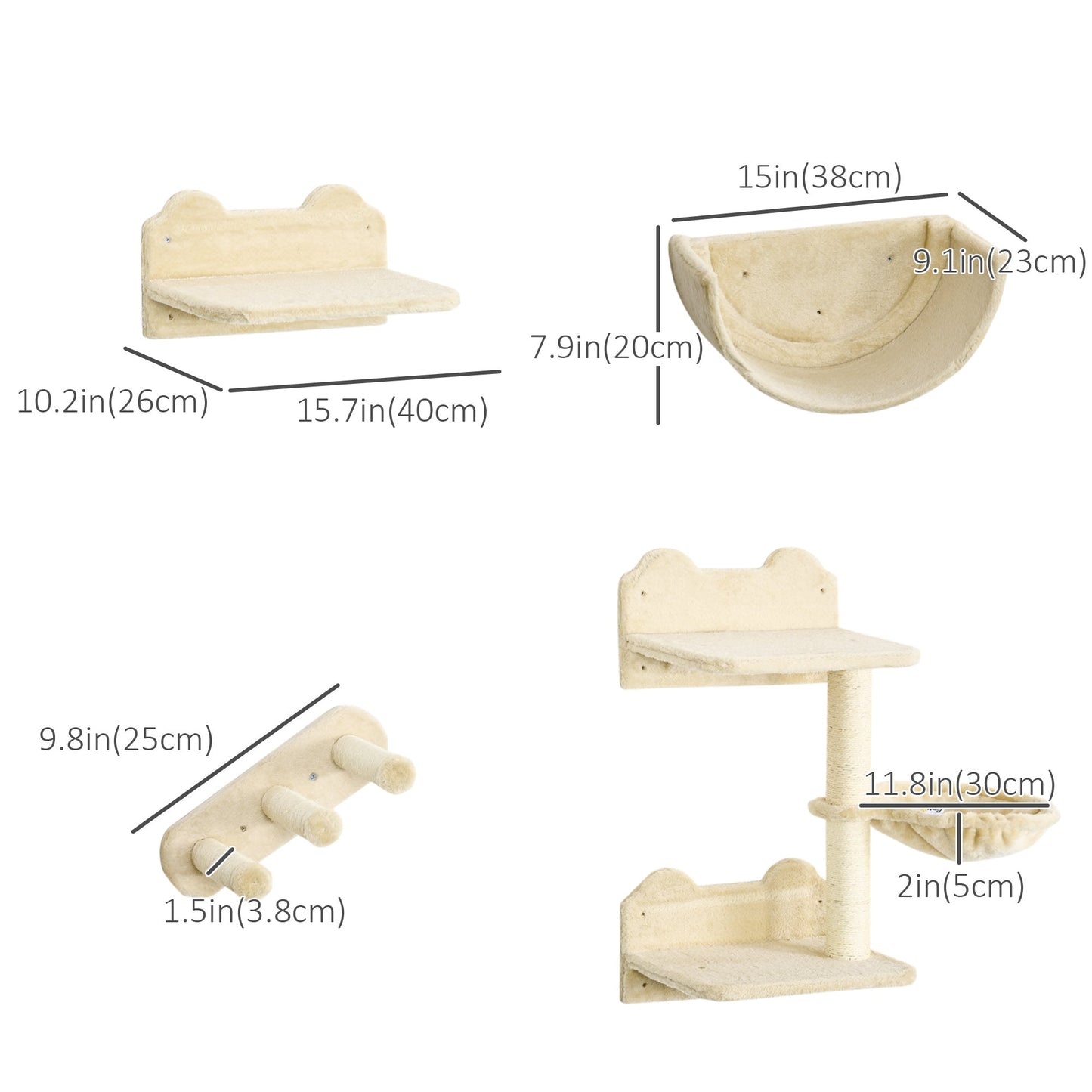 Cat Wall Shelves, 3PCs Cat Shelves with Hammock, Scratching Post, 3 Steps, Jumping Platforms, Wall Mounted Cat Climber, Beige