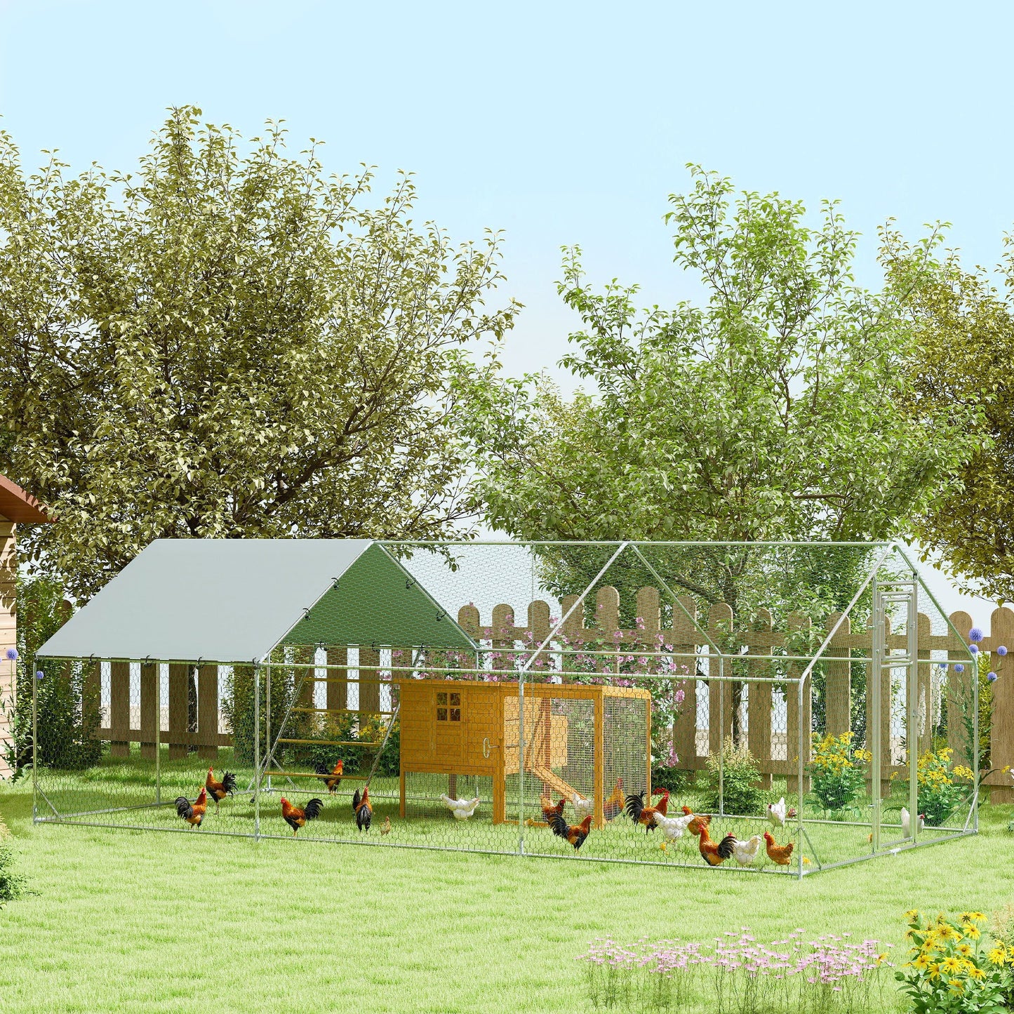 Chicken Run, Large Metal Chicken Coop with Feeding Door, Waterproof & UV-Resistant Cover, Hanging Feeder, Perch, Poultry Cage for Outdoor, Backyard, Farm, for 18-24 Chickens