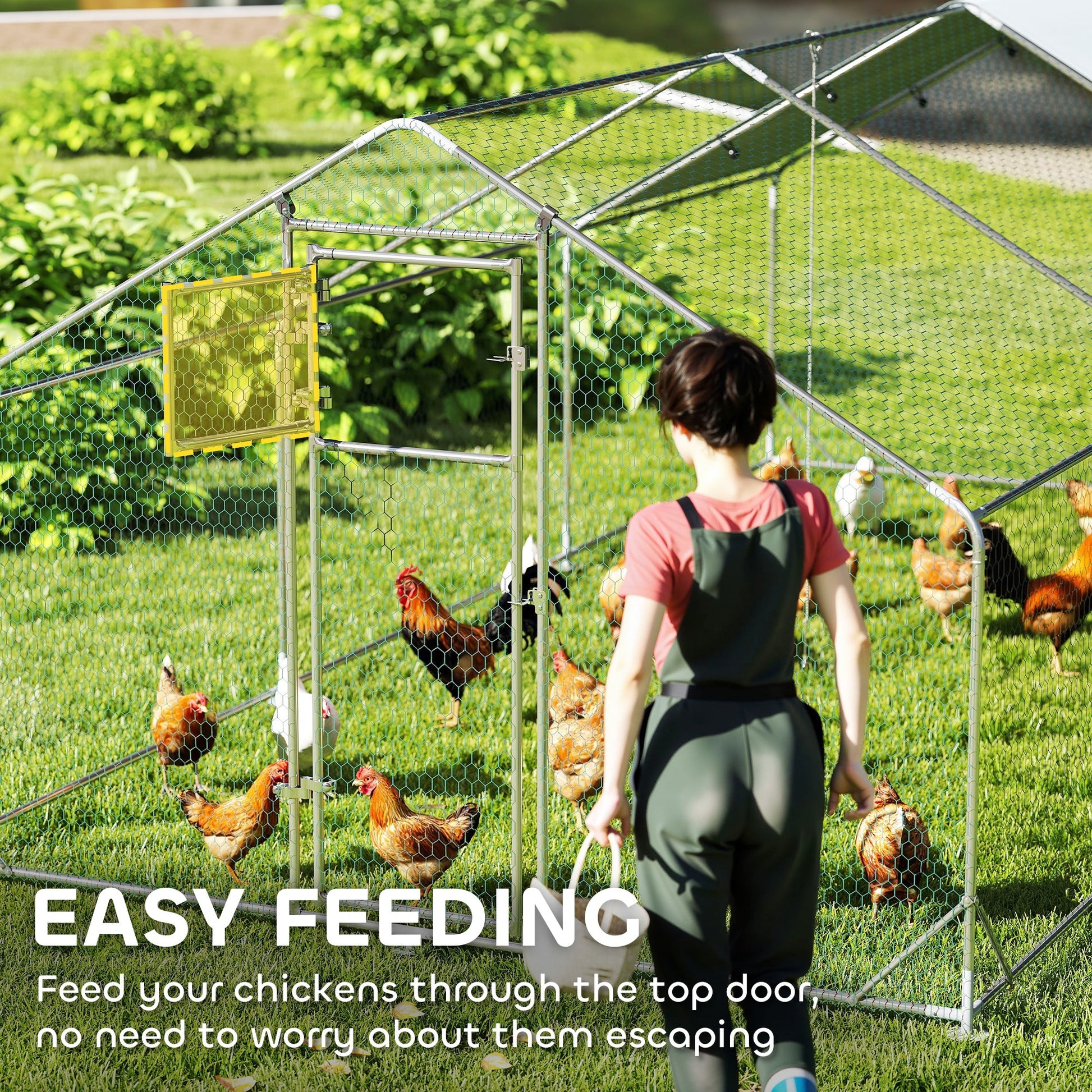 Chicken Run, Large Metal Chicken Coop with Feeding Door, Waterproof & UV-Resistant Cover, Hanging Feeder, Perch, Poultry Cage for Outdoor, Backyard, Farm, for 18-24 Chickens