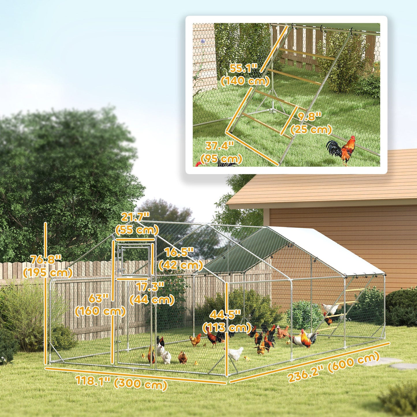 Chicken Run, Large Metal Chicken Coop with Feeding Door, Waterproof & UV-Resistant Cover, Hanging Feeder, Perch, Poultry Cage for Outdoor, Backyard, Farm, for 18-24 Chickens