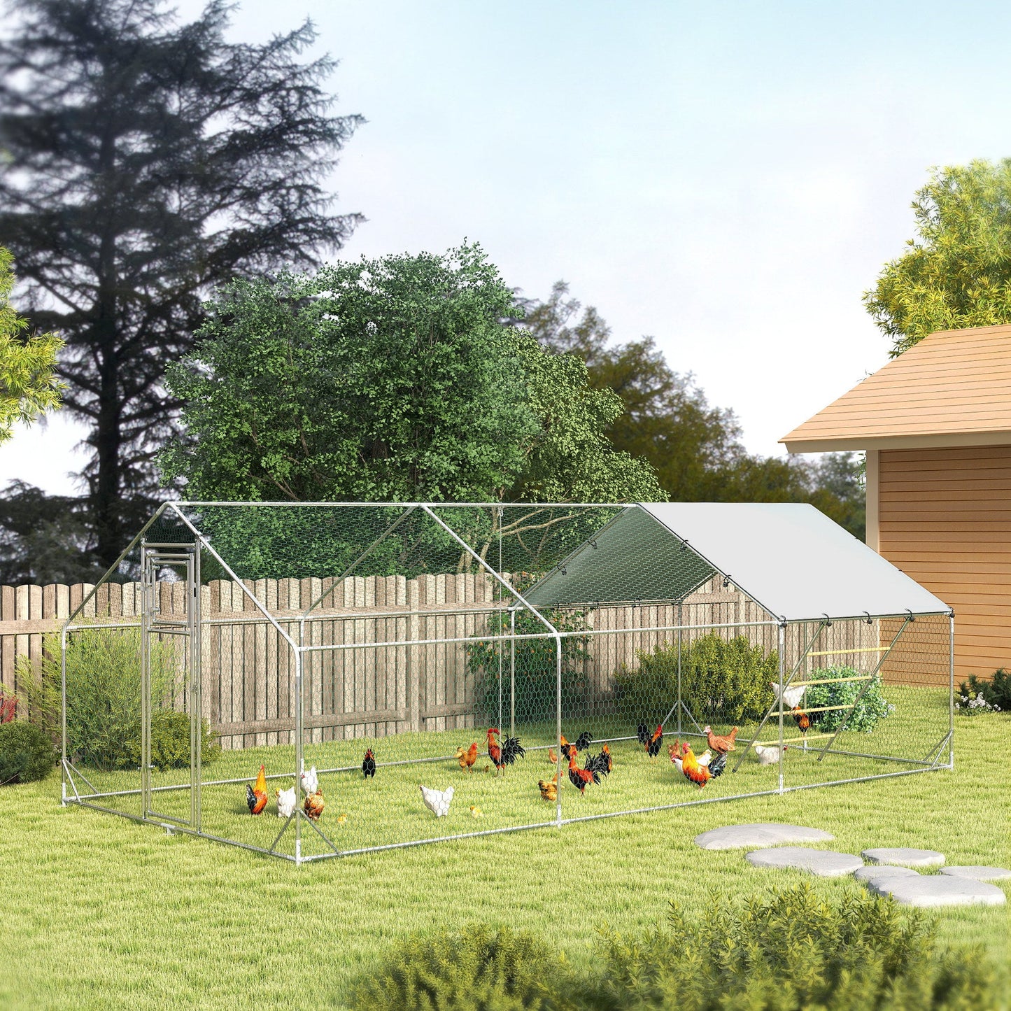 Chicken Run, Large Metal Chicken Coop with Feeding Door, Waterproof & UV-Resistant Cover, Hanging Feeder, Perch, Poultry Cage for Outdoor, Backyard, Farm, for 18-24 Chickens
