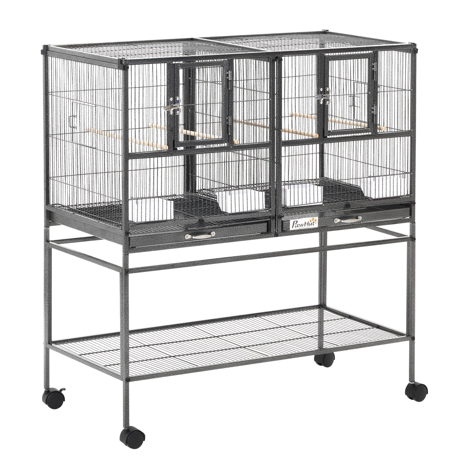 40"H Divided Breeder Bird Cage with Rolling Stand Removable Metal Tray, Storage Shelf, Wood Perch, and Food Container, Dark Grey