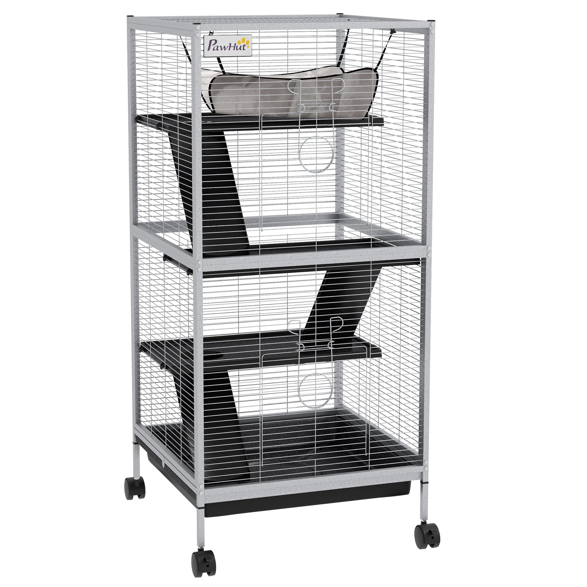 4-Tier Rolling Small Animal Cage, Deluxe Guinea Pig Cage, Ferret Cage for Mink Chinchilla Kitten Rabbit, Small Pet Play House with Hammock Platform, Ramp, Removable Tray, Light Grey