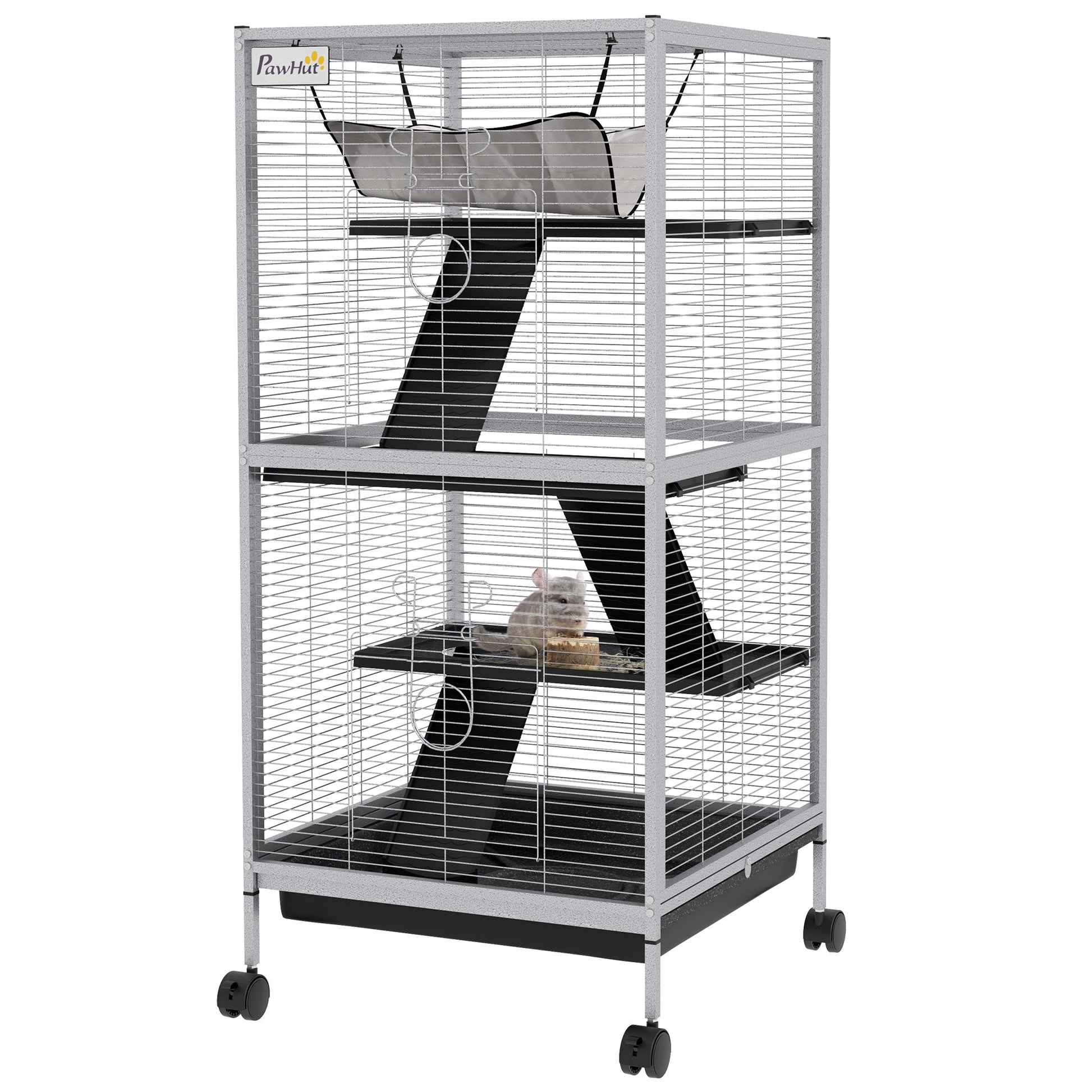 4-Tier Rolling Small Animal Cage, Deluxe Guinea Pig Cage, Ferret Cage for Mink Chinchilla Kitten Rabbit, Small Pet Play House with Hammock Platform, Ramp, Removable Tray, Light Grey