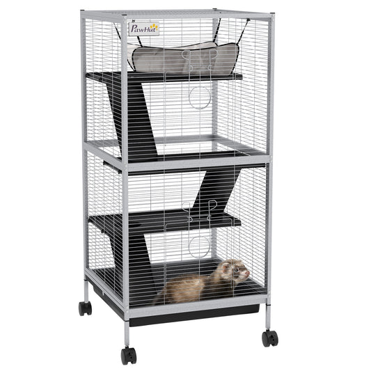 4-Tier Rolling Small Animal Cage, Deluxe Guinea Pig Cage, Ferret Cage for Mink Chinchilla Kitten Rabbit, Small Pet Play House with Hammock Platform, Ramp, Removable Tray, Light Grey
