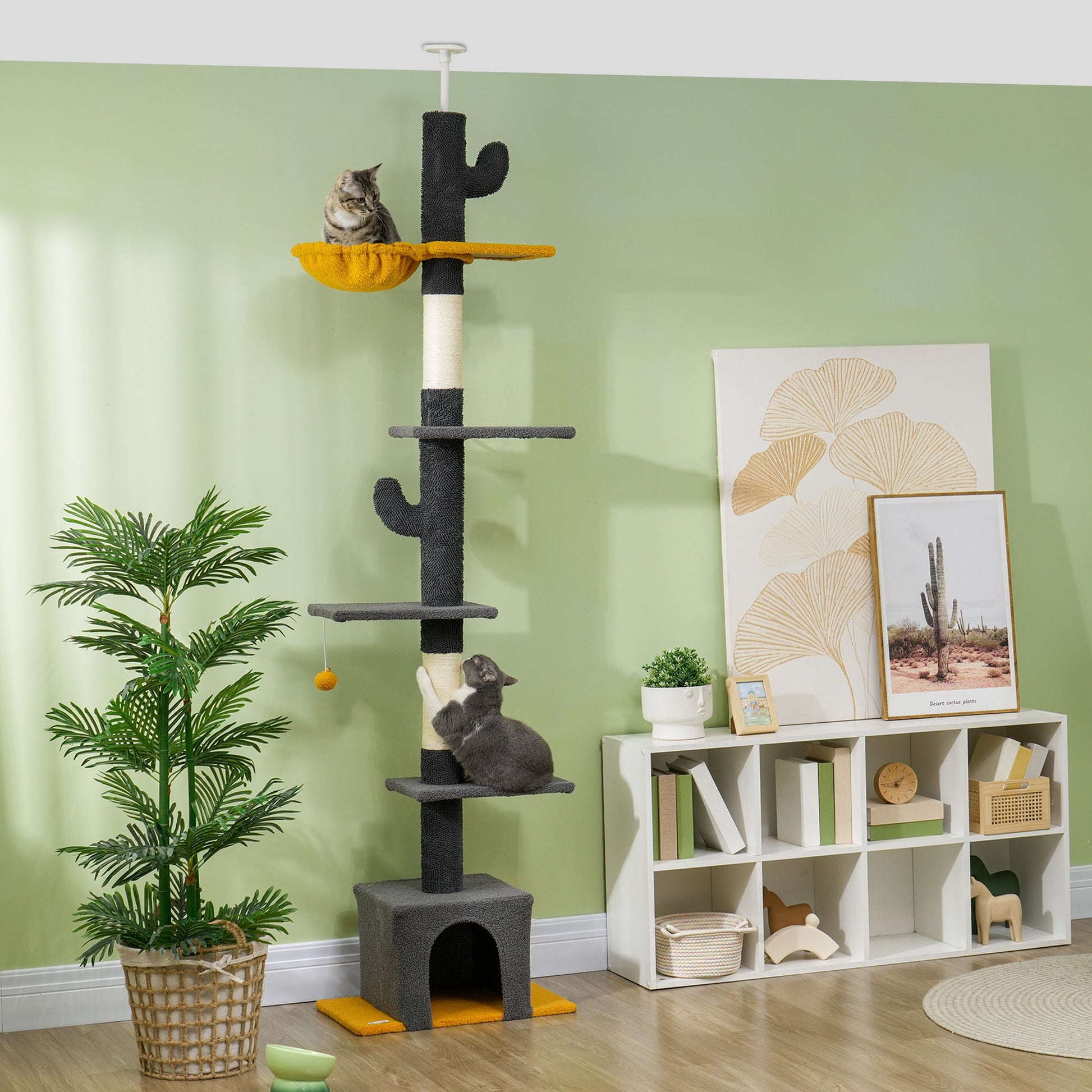 Floor to Ceiling Cat Tree, Cat Tower with 90.5"-108" Adjustable Height, 5 Tier Activity Centre with Scratching Posts, Hammock, Condo, Toy Ball for Indoor Cats, Dark Grey
