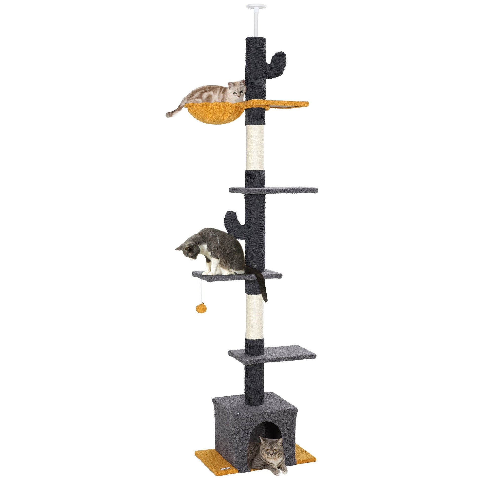 Floor to Ceiling Cat Tree, Cat Tower with 90.5"-108" Adjustable Height, 5 Tier Activity Centre with Scratching Posts, Hammock, Condo, Toy Ball for Indoor Cats, Dark Grey