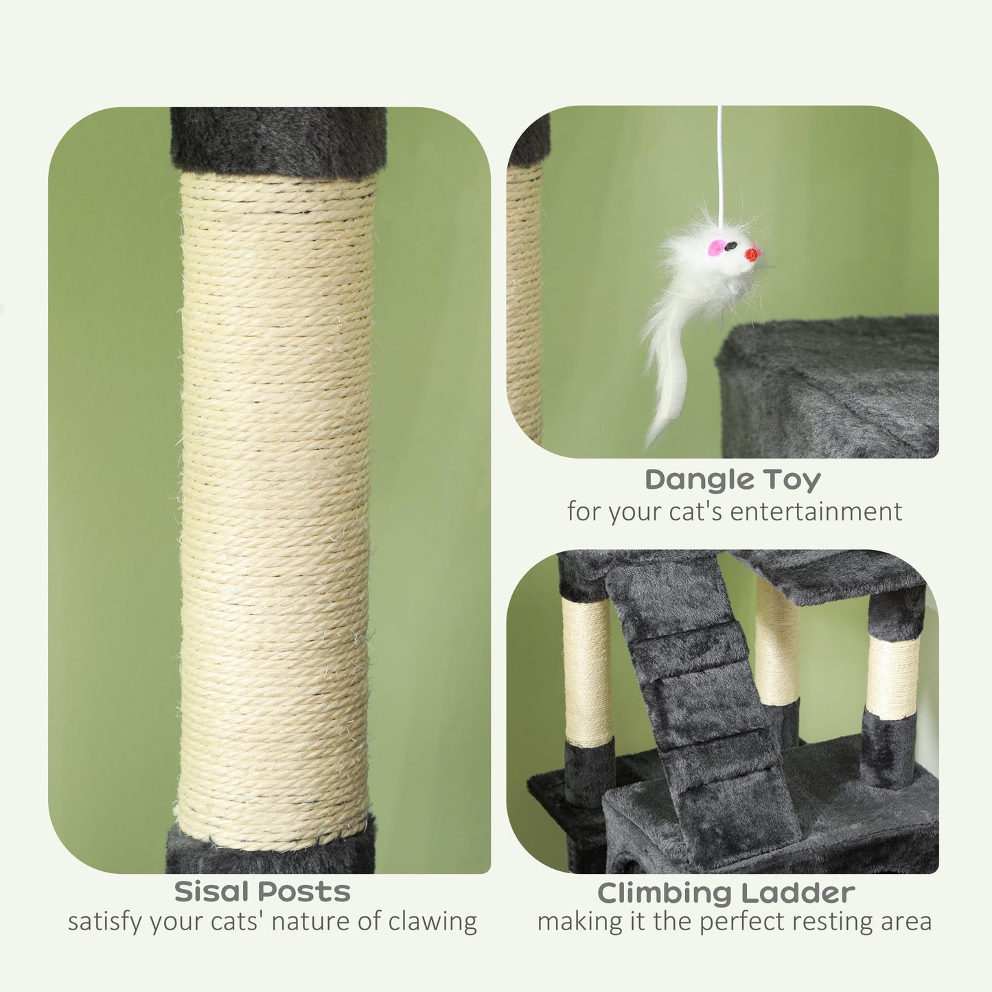 68 inches Cat Tree, Multi-Level Large Cat Tower Condo with Scratching Posts, Perches, Cat Houses, Dangling Toy, Grey