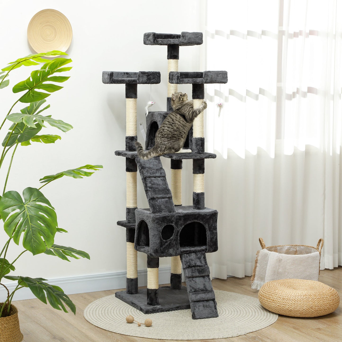 68 inches Cat Tree, Multi-Level Large Cat Tower Condo with Scratching Posts, Perches, Cat Houses, Dangling Toy, Grey