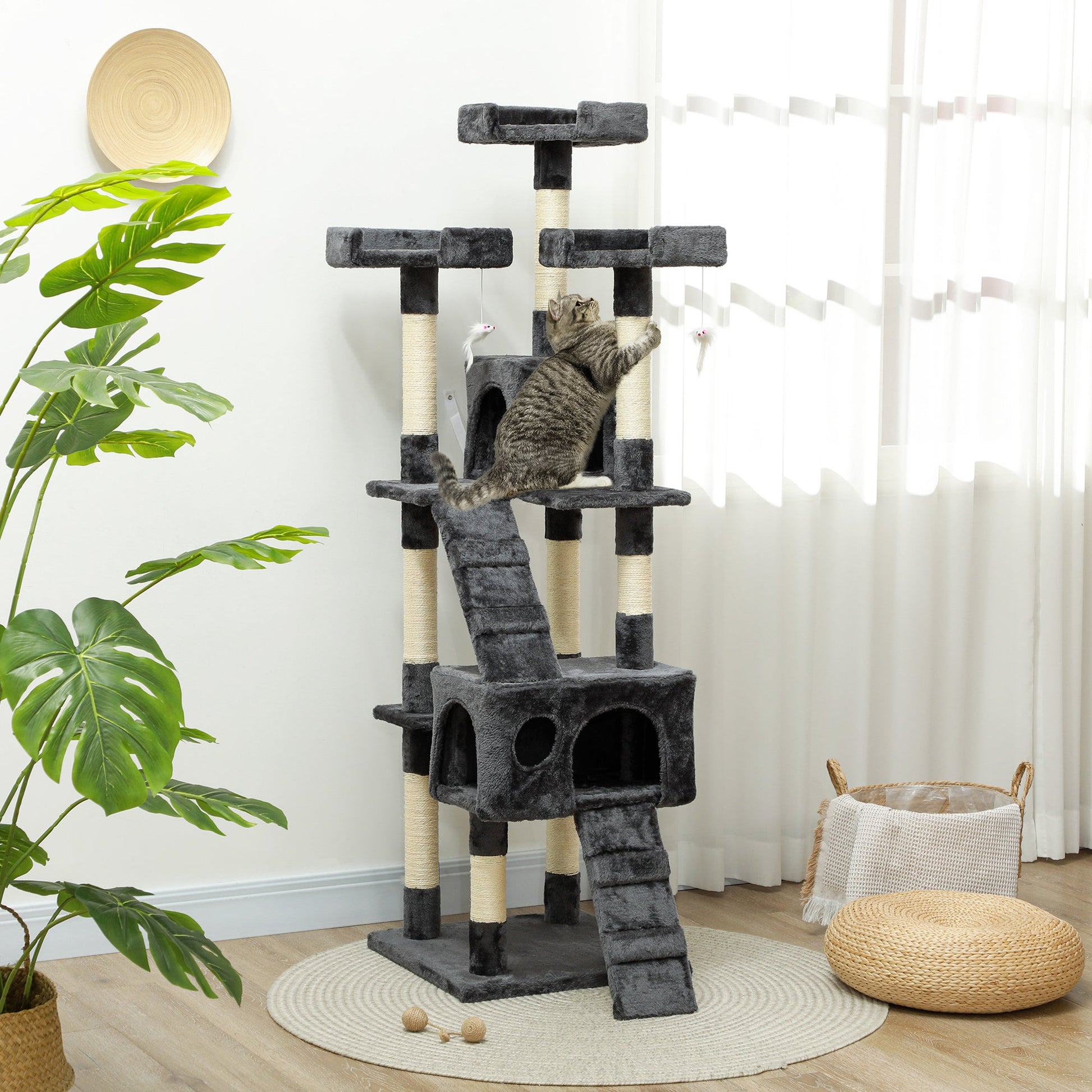 68 inches Cat Tree, Multi-Level Large Cat Tower Condo with Scratching Posts, Perches, Cat Houses, Dangling Toy, Grey