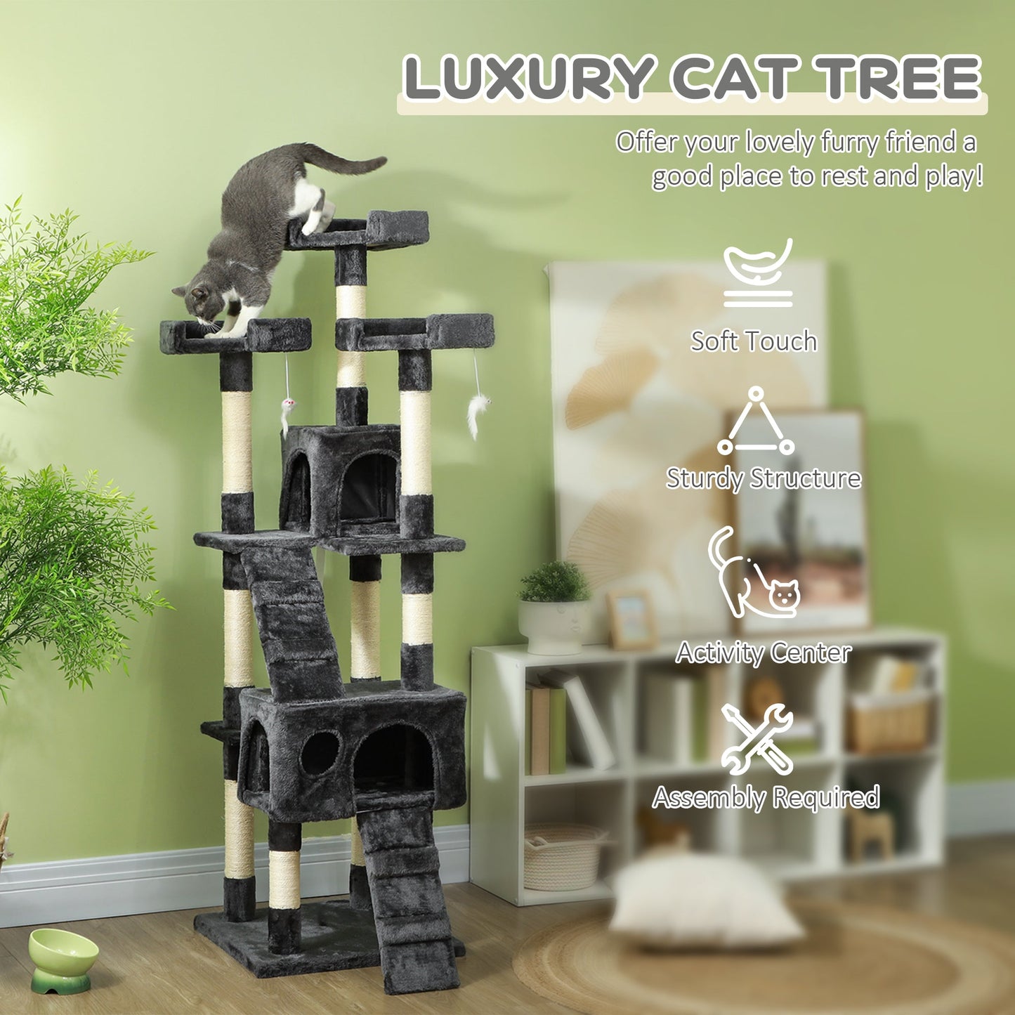 68 inches Cat Tree, Multi-Level Large Cat Tower Condo with Scratching Posts, Perches, Cat Houses, Dangling Toy, Grey