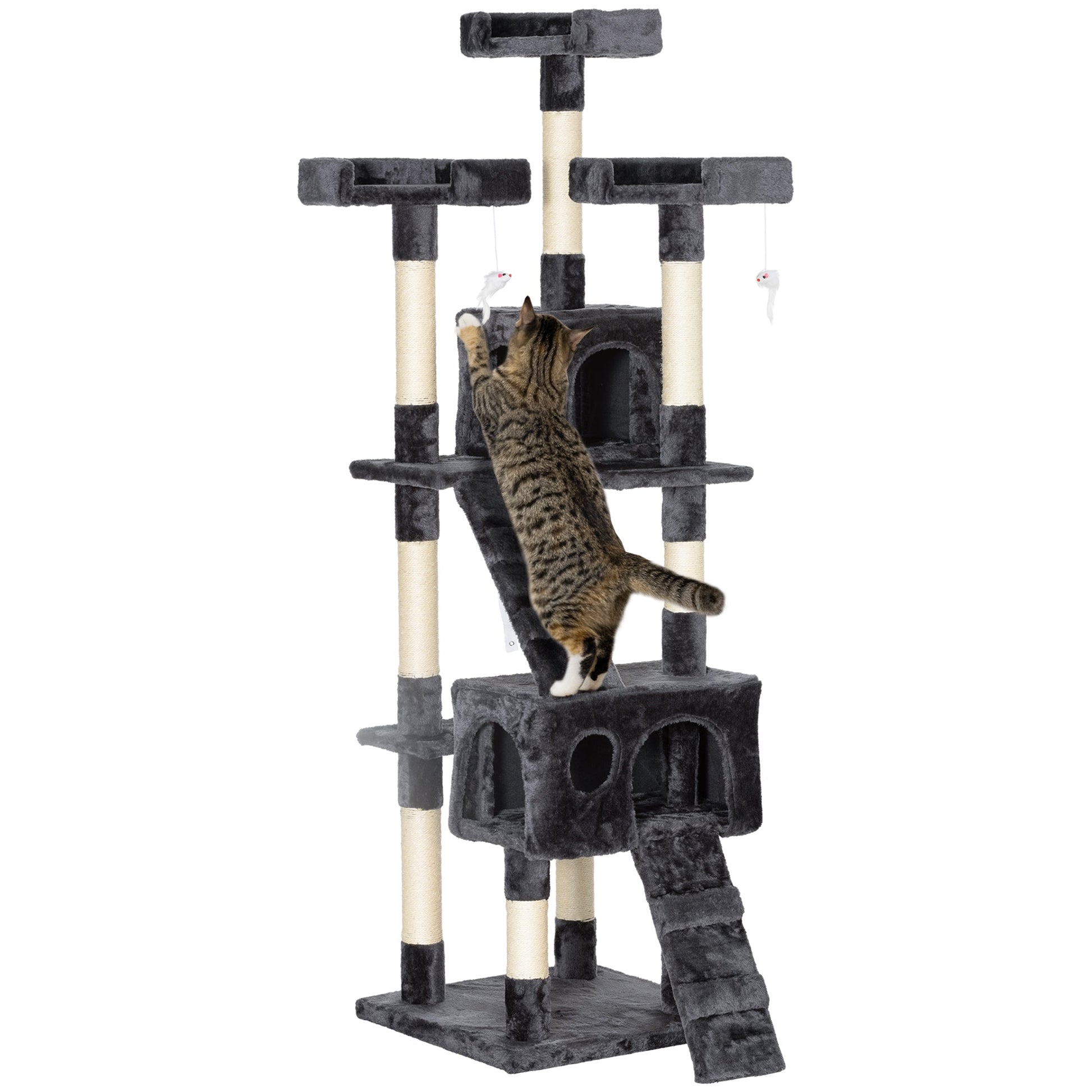 68 inches Cat Tree, Multi-Level Large Cat Tower Condo with Scratching Posts, Perches, Cat Houses, Dangling Toy, Grey