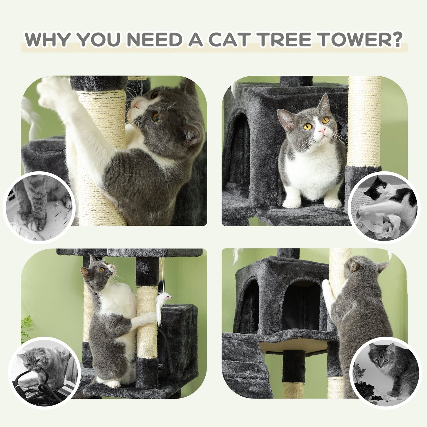 68 inches Cat Tree, Multi-Level Large Cat Tower Condo with Scratching Posts, Perches, Cat Houses, Dangling Toy, Grey