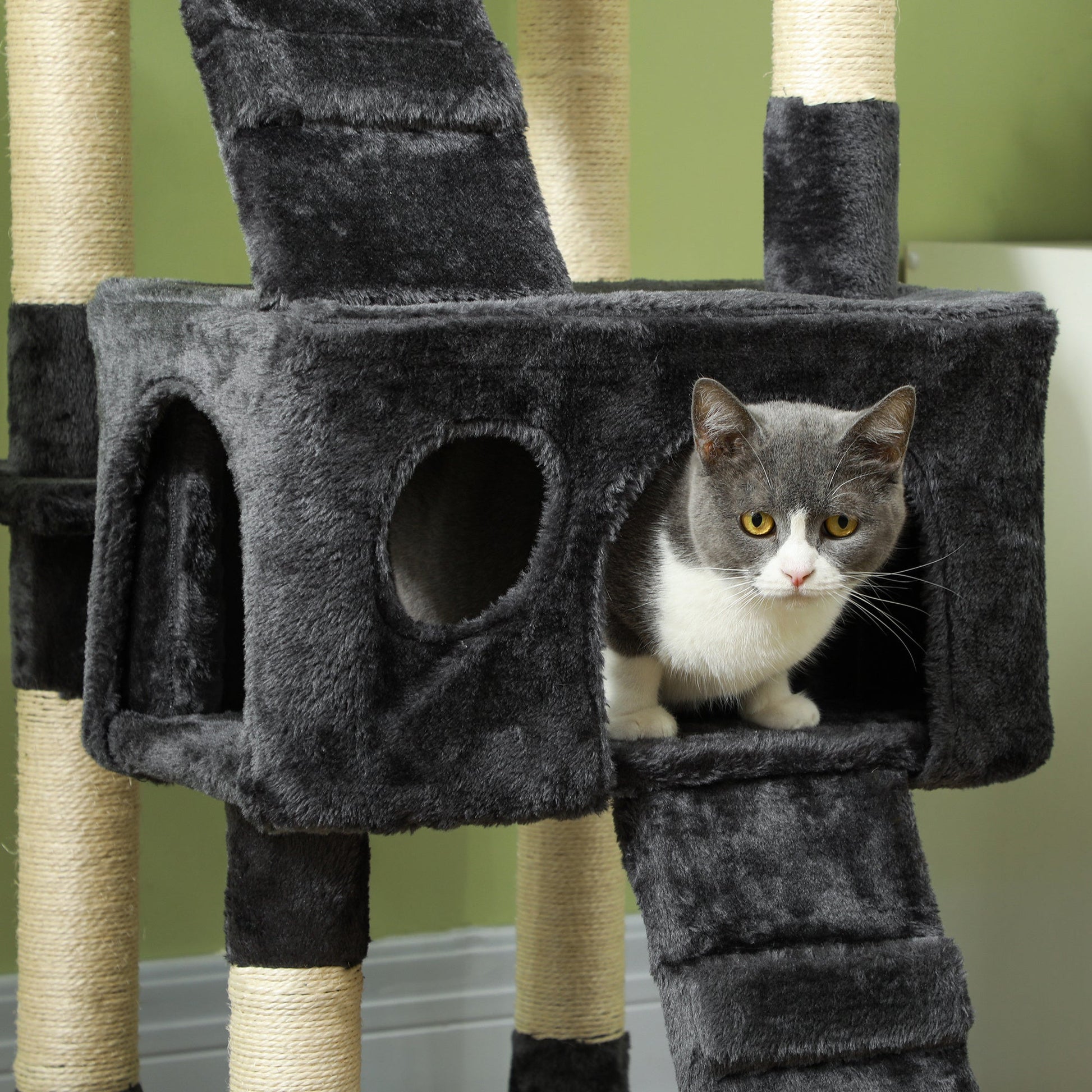 68 inches Cat Tree, Multi-Level Large Cat Tower Condo with Scratching Posts, Perches, Cat Houses, Dangling Toy, Grey