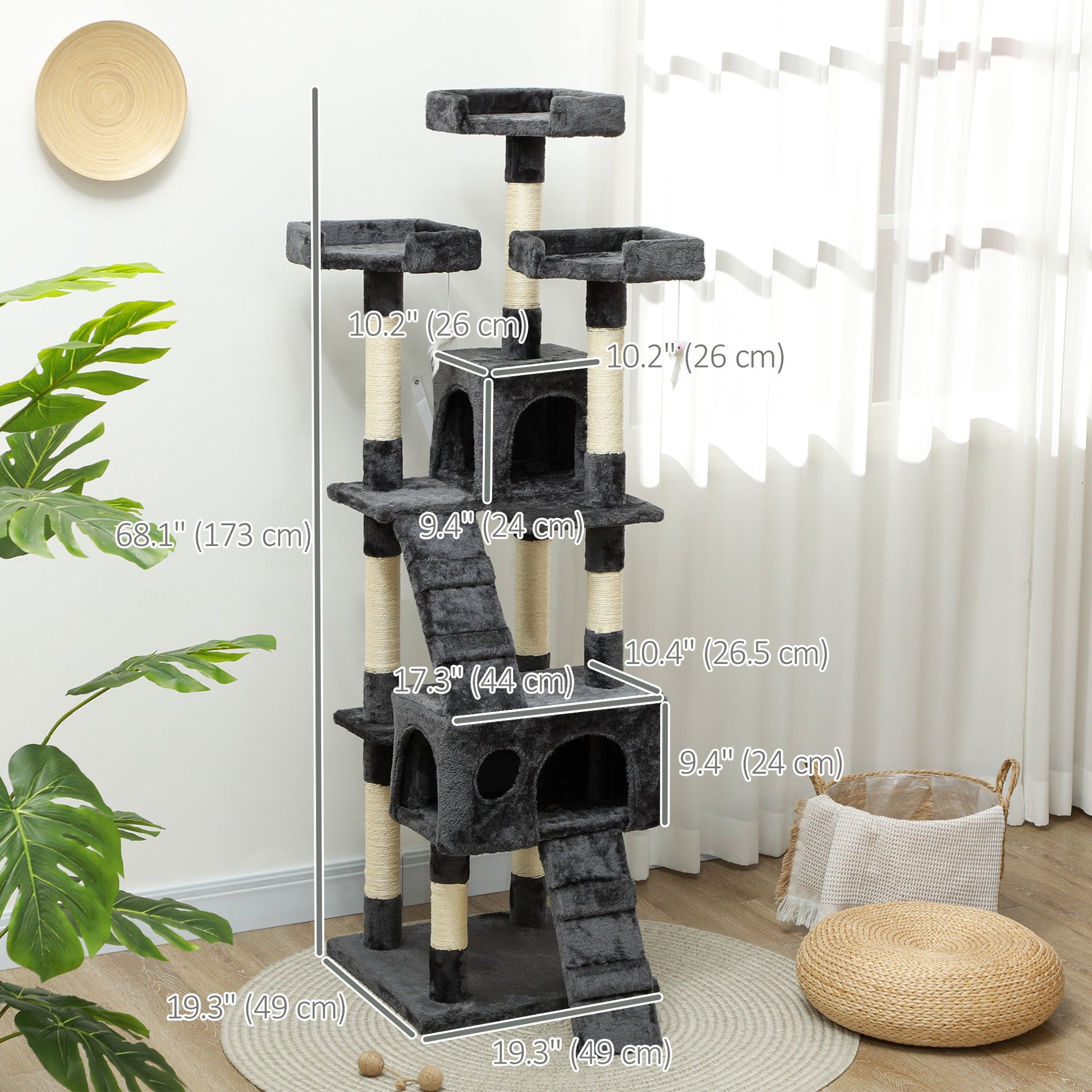 68 inches Cat Tree, Multi-Level Large Cat Tower Condo with Scratching Posts, Perches, Cat Houses, Dangling Toy, Grey