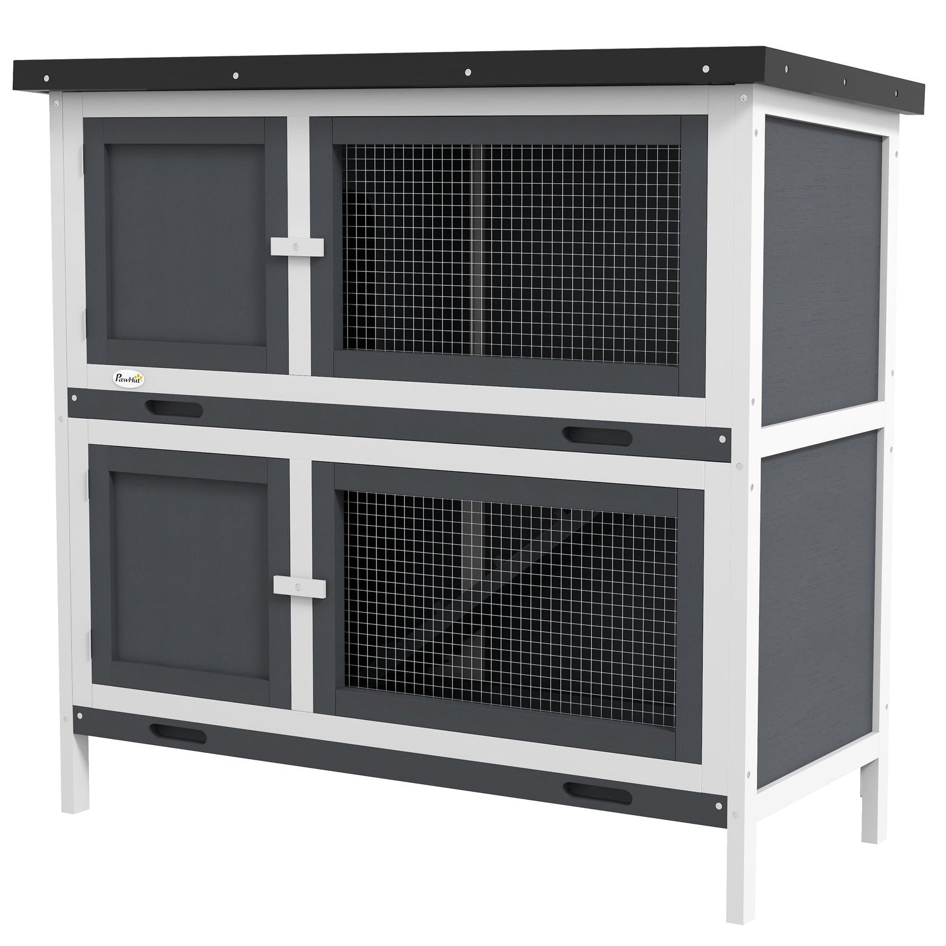 Solid Wood Rabbit/Bunny Hutch with 2 Large Main Rooms, Protection from UV Rays and Water, and Firm Cage, Grey