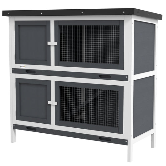 Solid Wood Rabbit/Bunny Hutch with 2 Large Main Rooms, Protection from UV Rays and Water, and Firm Cage, Grey