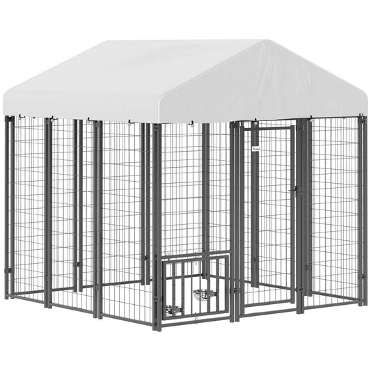 6' x 6' x 6' Outdoor Dog Kennel, Lockable Dog Run Crate with Rotating & Adjustable Bowls, Waterproof UV-Resistant Cover, Welded Wire Steel Fence for Large Dogs, Silver