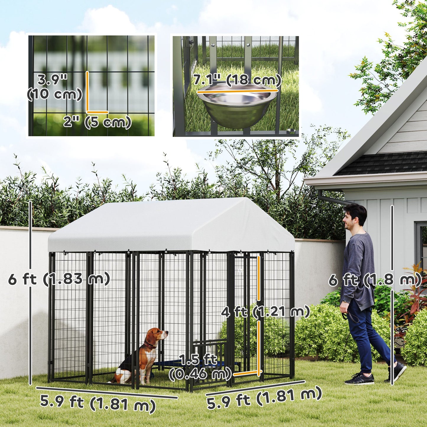 6' x 6' x 6' Outdoor Dog Kennel, Lockable Dog Run Crate with Rotating & Adjustable Bowls, Waterproof UV-Resistant Cover, Welded Wire Steel Fence for Large Dogs, Silver