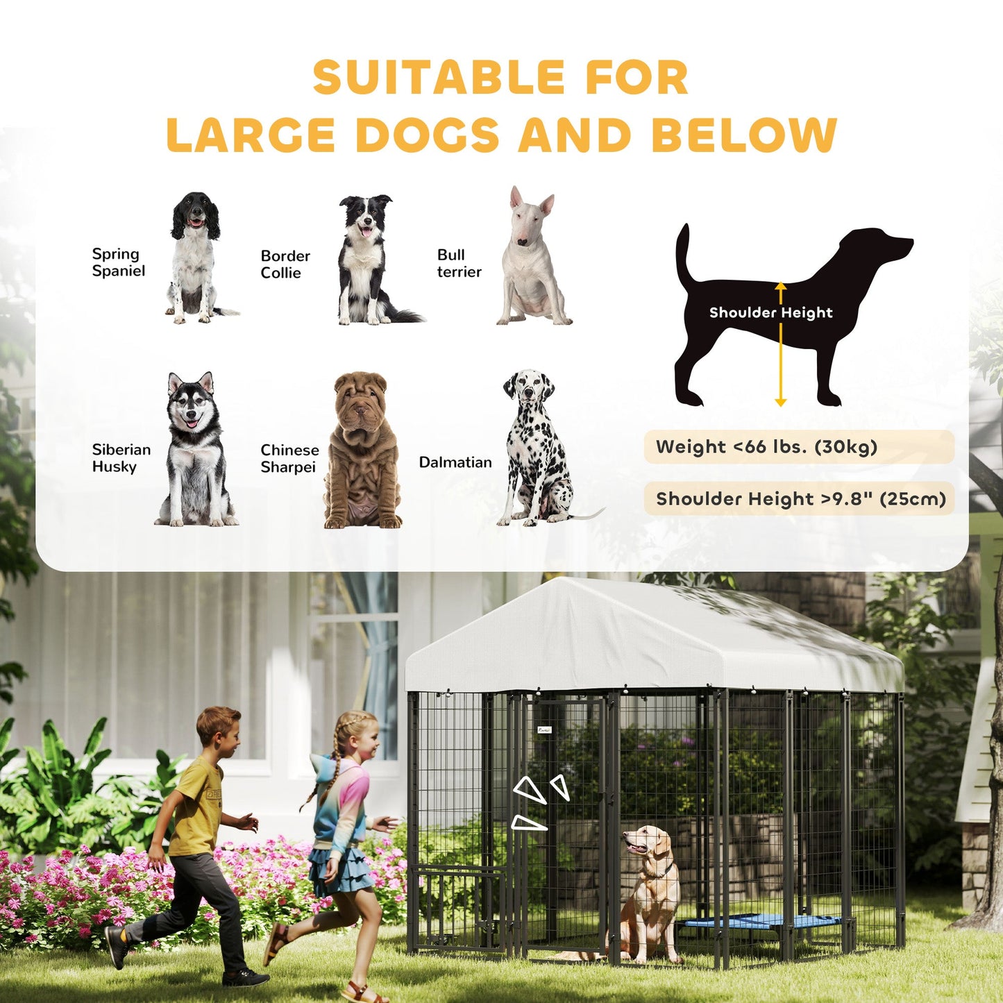 6' x 6' x 6' Outdoor Dog Kennel, Lockable Dog Run Crate with Rotating & Adjustable Bowls, Waterproof UV-Resistant Cover, Welded Wire Steel Fence for Large Dogs, Silver