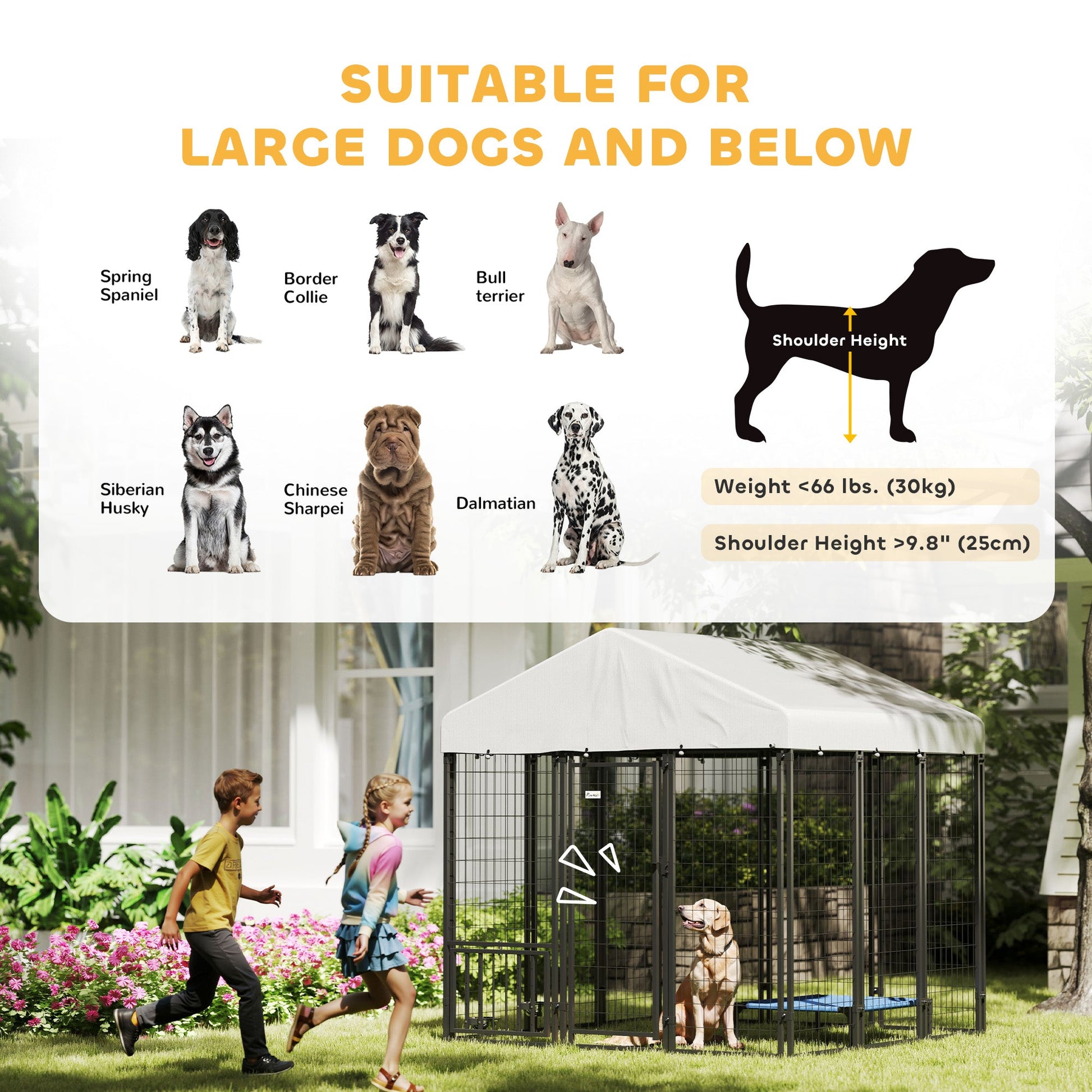 6' x 6' x 6' Outdoor Dog Kennel, Lockable Dog Run Crate with Rotating & Adjustable Bowls, Waterproof UV-Resistant Cover, Welded Wire Steel Fence for Large Dogs, Silver