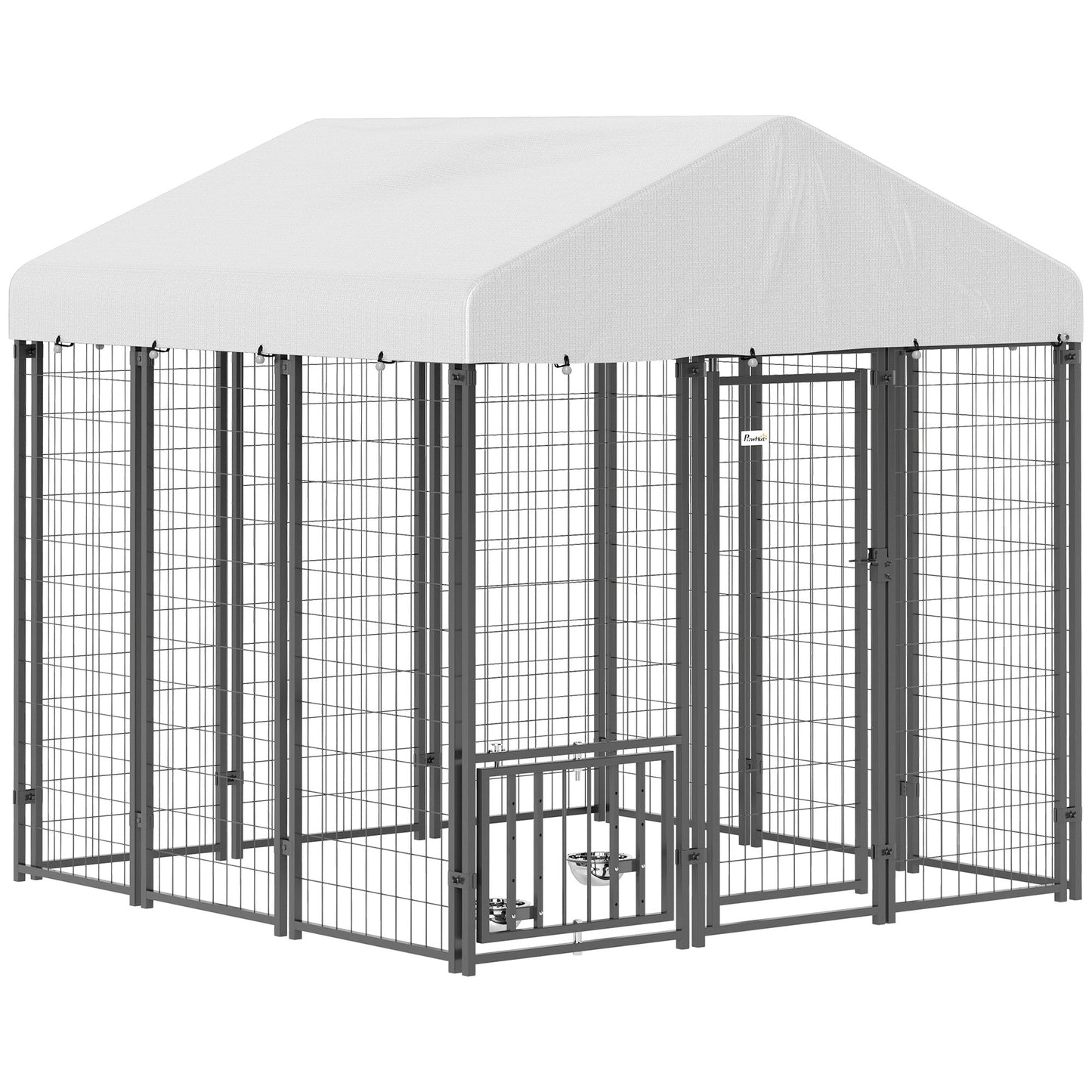 6' x 6' x 6' Outdoor Dog Kennel, Lockable Dog Run Crate with Rotating & Adjustable Bowls, Waterproof UV-Resistant Cover, Welded Wire Steel Fence for Large Dogs, Silver