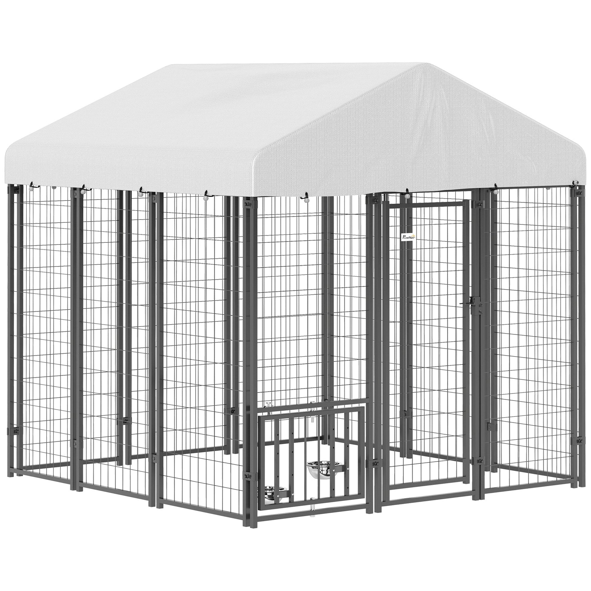 6' x 6' x 6' Outdoor Dog Kennel, Lockable Dog Run Crate with Rotating & Adjustable Bowls, Waterproof UV-Resistant Cover, Welded Wire Steel Fence for Large Dogs, Silver