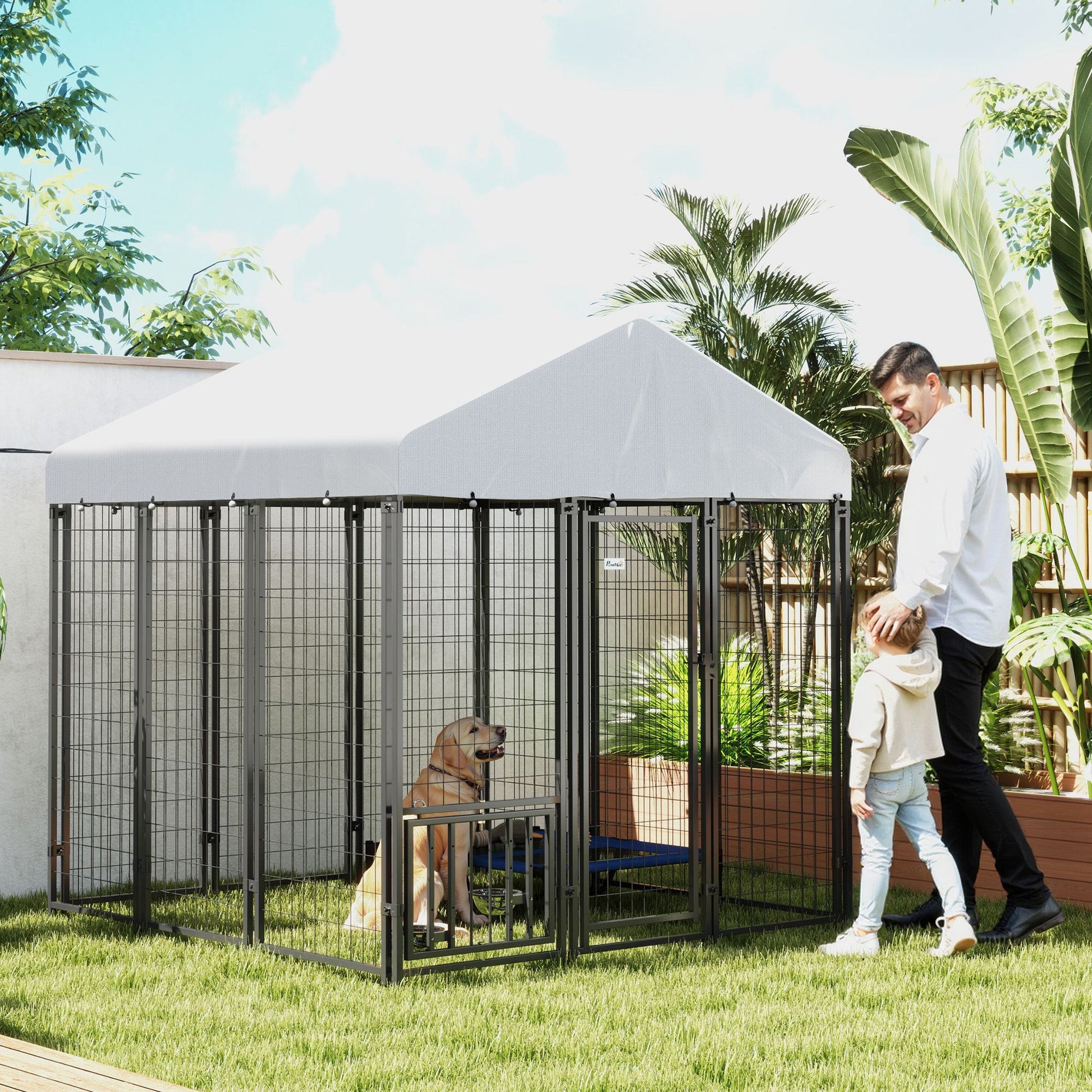 6' x 6' x 6' Outdoor Dog Kennel, Lockable Dog Run Crate with Rotating & Adjustable Bowls, Waterproof UV-Resistant Cover, Welded Wire Steel Fence for Large Dogs, Silver