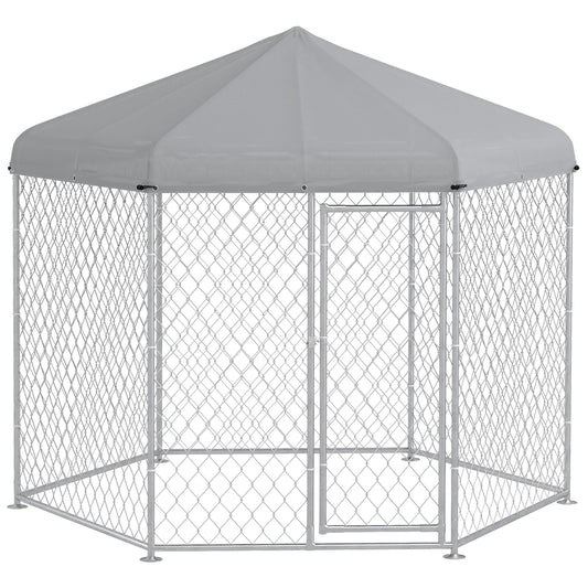 Outdoor Dog Kennel Dog Run with Waterproof, UV Resistant Cover for Medium and Large Sized Dogs, 9.2' x 8' x 7.7', Silver