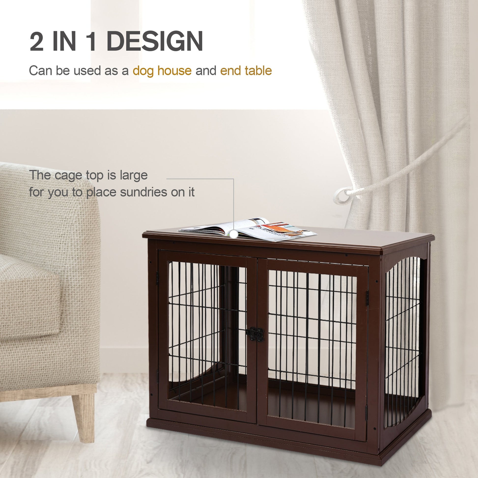 32" Wooden Dog Crate Furniture Dog Cage, Modern Side Table Pet Kennel with Double Lockable Door, 32" L x 23" W x 26" H, Brown