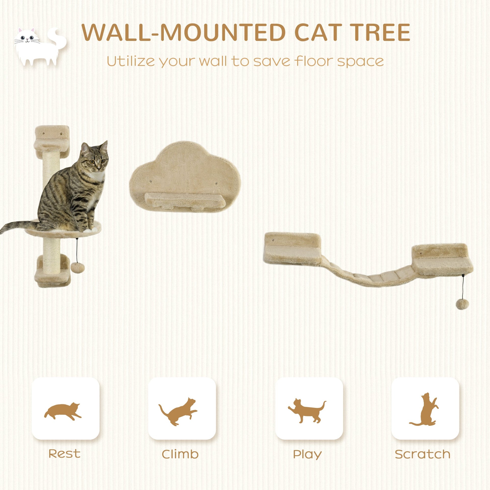 3Pcs Cat Wall Shelf with Scratching Post, Cat Wall Shelves for Relaxing, Climbing, Cat Wall With Soft Ladder and Play Balls, Beige