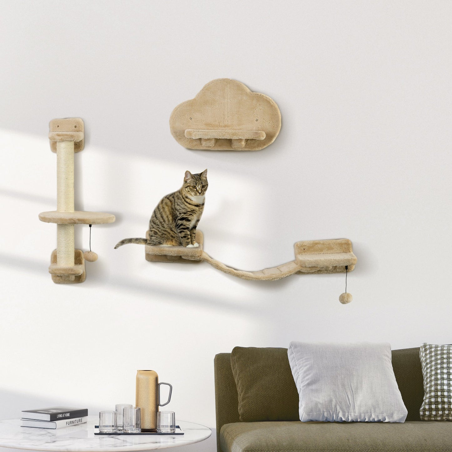 3Pcs Cat Wall Shelf with Scratching Post, Cat Wall Shelves for Relaxing, Climbing, Cat Wall With Soft Ladder and Play Balls, Beige