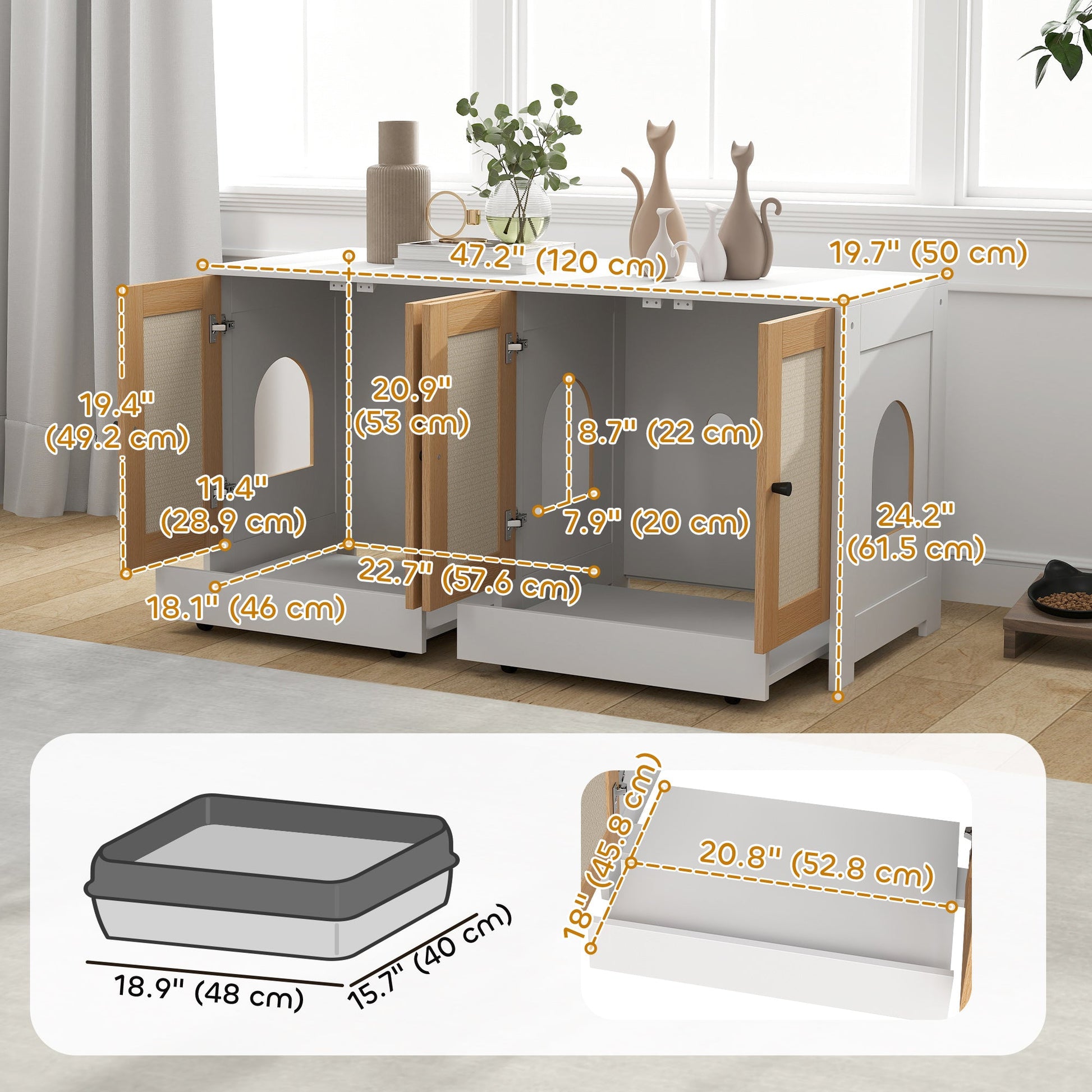 Cat Litter Box Enclosure, Hidden Litter Box Furniture with Pull-Out Tray, Indoor Cat Washroom with 2 Storage Cabinet,  Scratching Mat, Oak