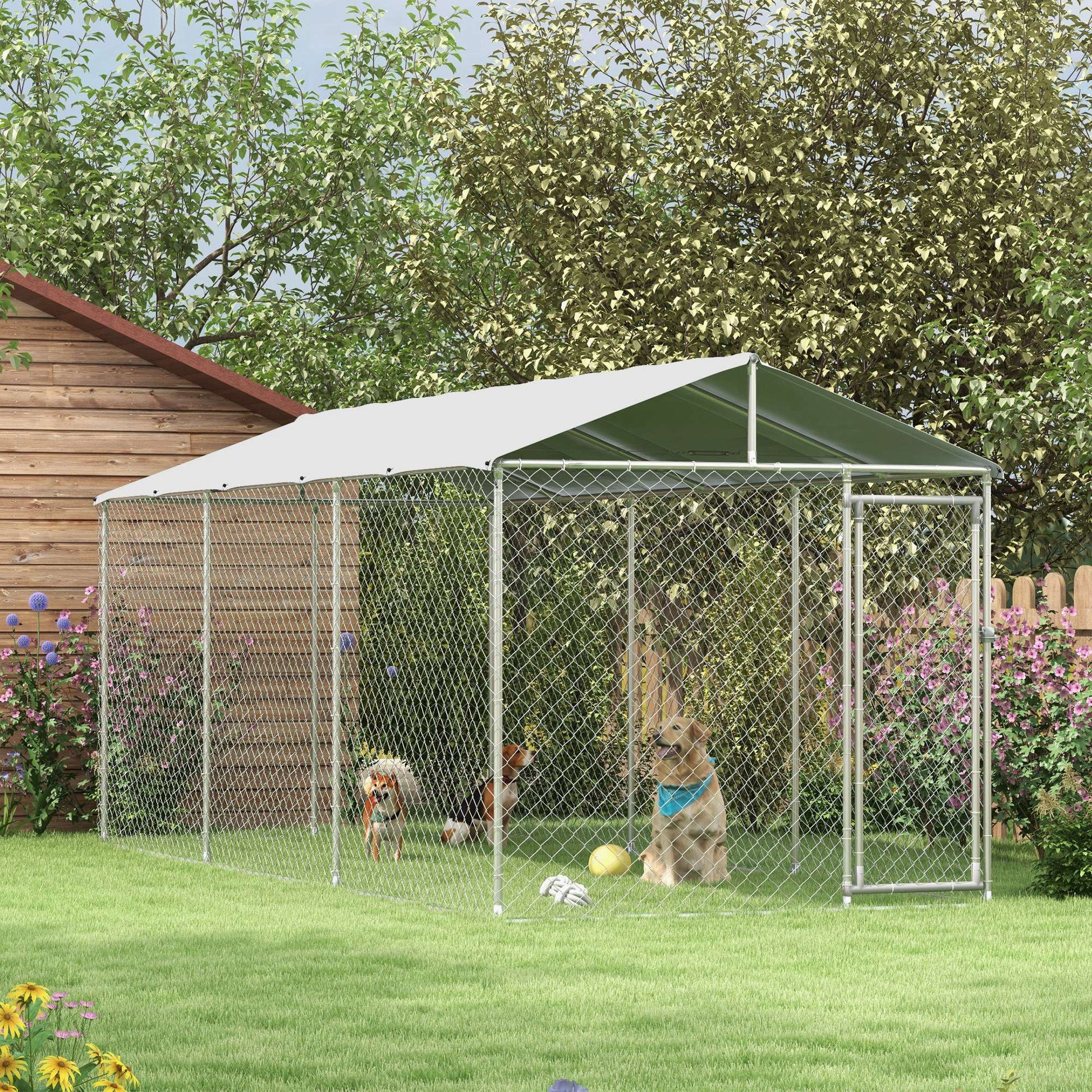 Outdoor Dog Kennel Dog Run with Waterproof, UV Resistant Cover for All-Sized Dogs, 19.7' x 7.5' x 7.5', Silver