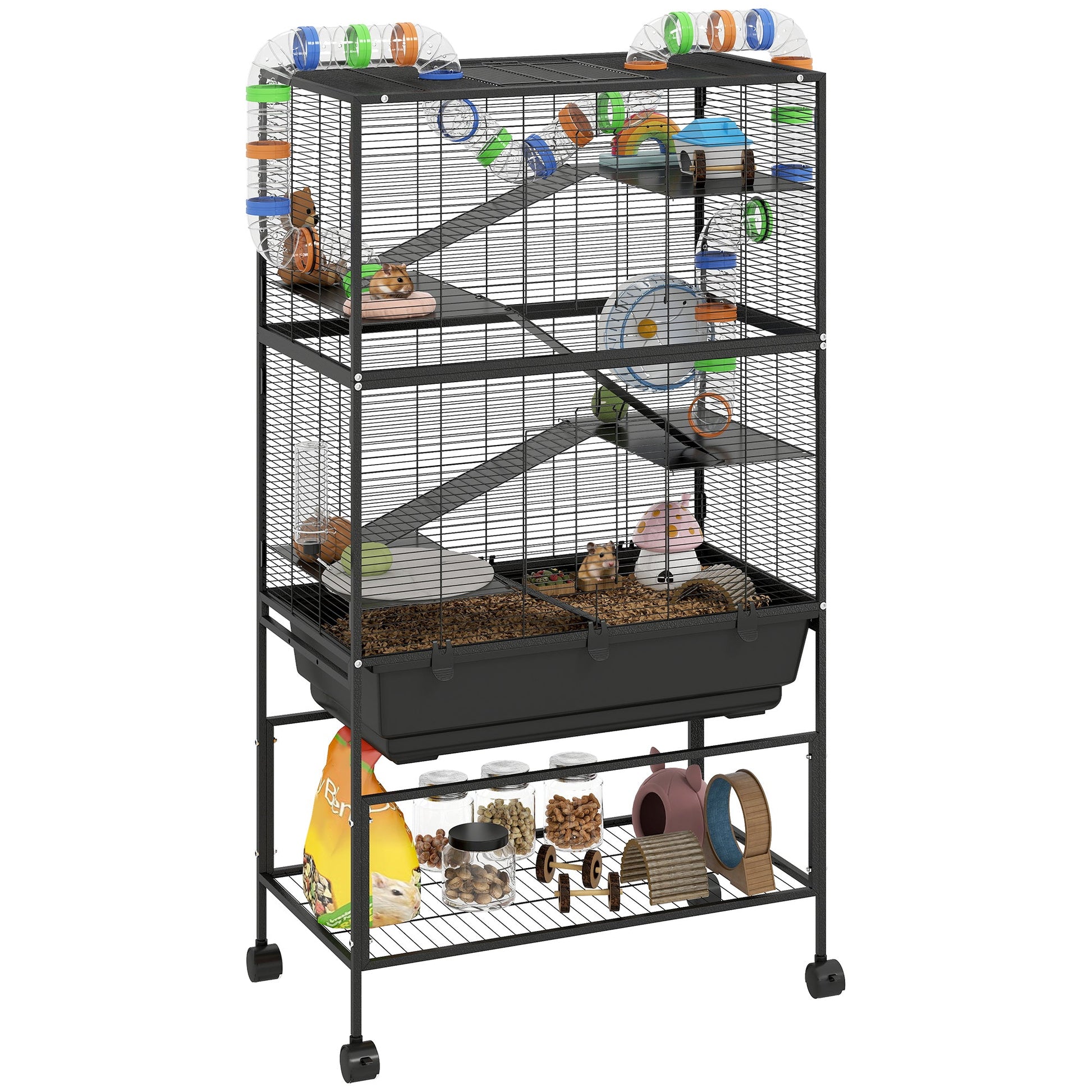 Large Hamster Cage with 7" Deep Tray, 5 Tier Rolling Gerbil Cage with Storage Shelf, Big Exercise Wheel, Tube System, Hut, Platforms, Ramps, for Syrian, Gerbil, Rat