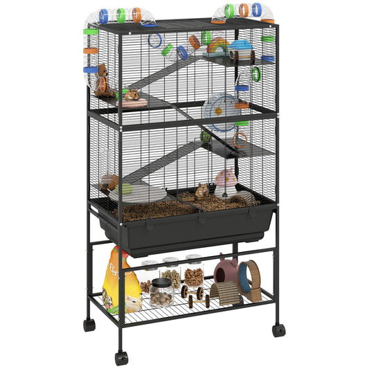 Large Hamster Cage with 7" Deep Tray, 5 Tier Rolling Gerbil Cage with Storage Shelf, Big Exercise Wheel, Tube System, Hut, Platforms, Ramps, for Syrian, Gerbil, Rat