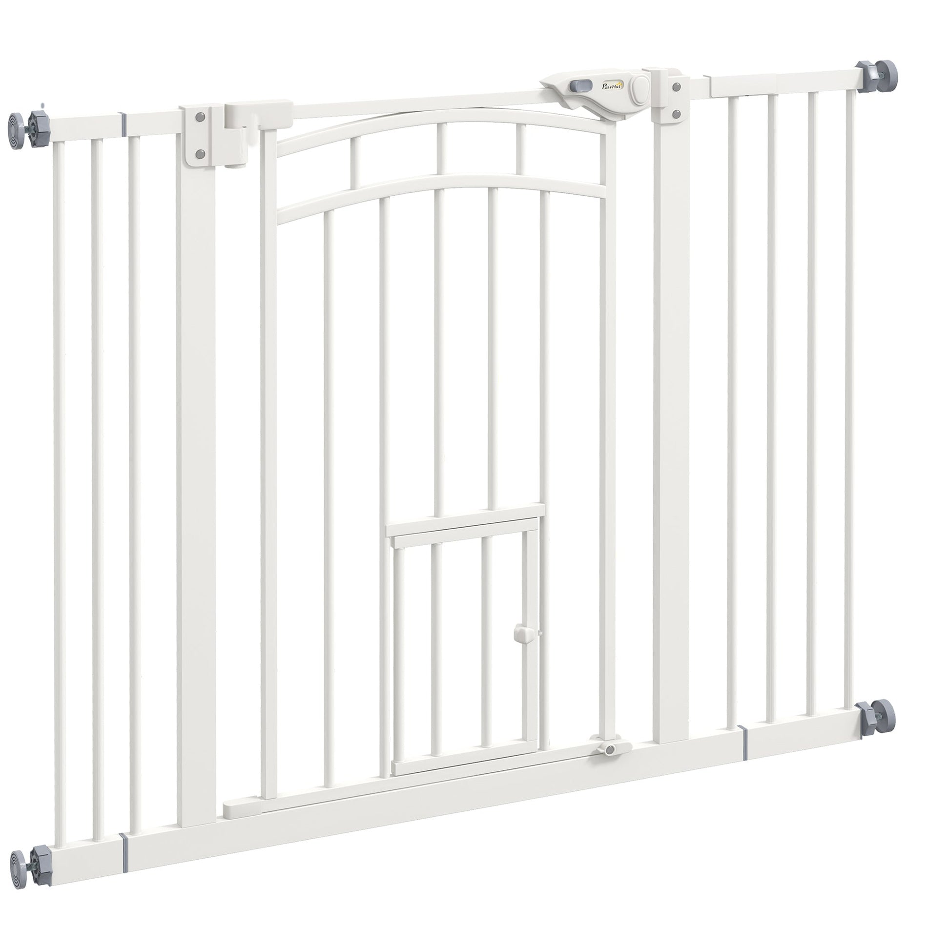 30"H Tall Dog Gate, Pet Gate with Cat Door, Auto-Close Pressure-Mounted Steel Safety Gate Barrier, Double Locking for Doorways Hallways Stairs, Fits 29"-39.4"W, White