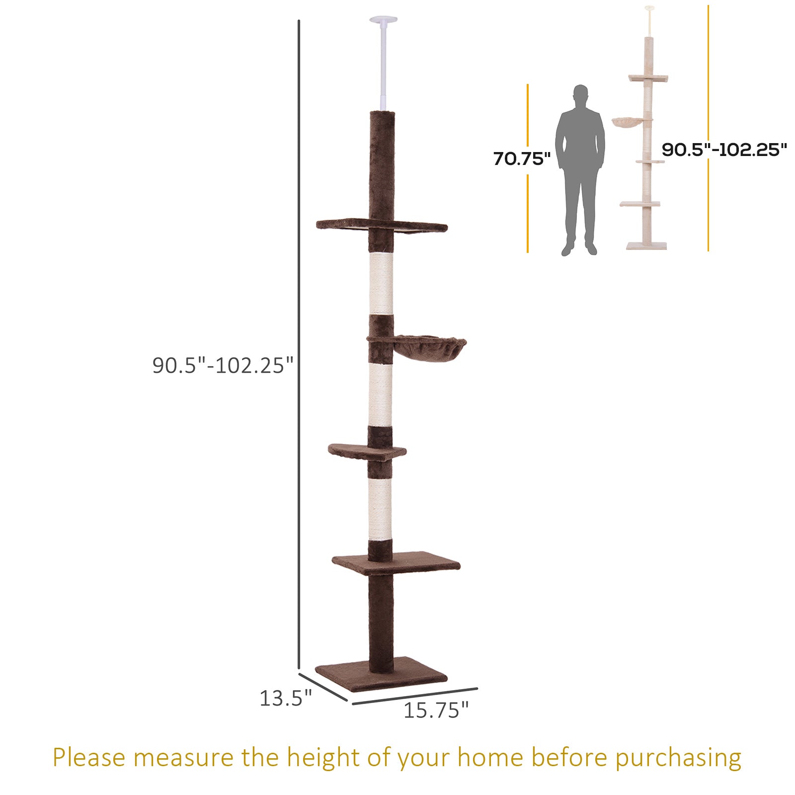 8.5ft Cat Climbing Tree 5-Tier Kitty Activity Center Floor-to-Ceiling Cat Climber Toy with Scratching Post Play Rest Post Pet Furniture Brown