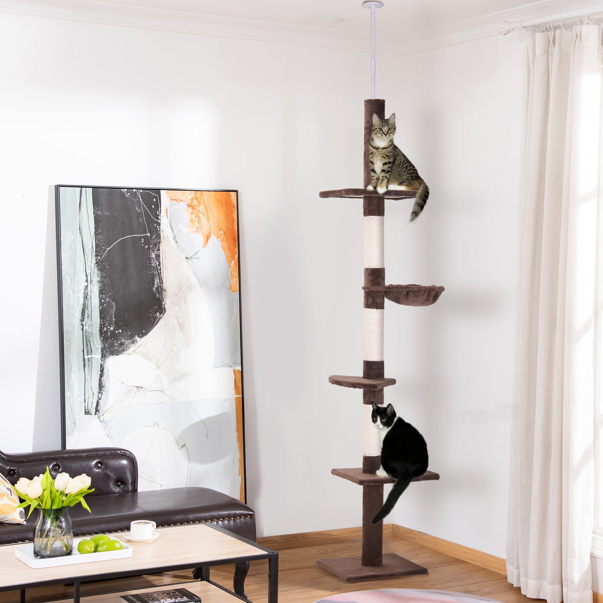 8.5ft Cat Climbing Tree 5-Tier Kitty Activity Center Floor-to-Ceiling Cat Climber Toy with Scratching Post Play Rest Post Pet Furniture Brown