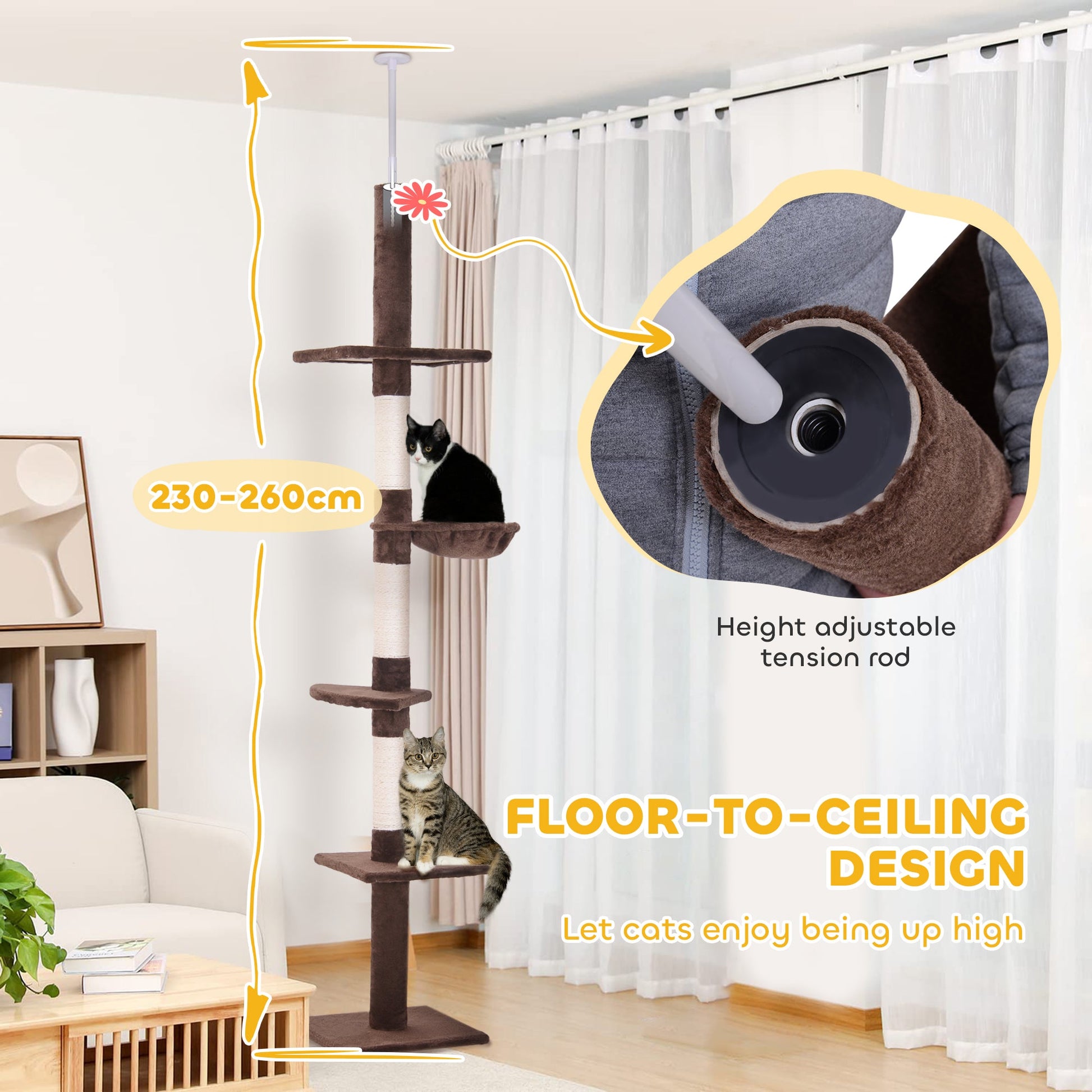 8.5ft Cat Climbing Tree 5-Tier Kitty Activity Center Floor-to-Ceiling Cat Climber Toy with Scratching Post Play Rest Post Pet Furniture Brown