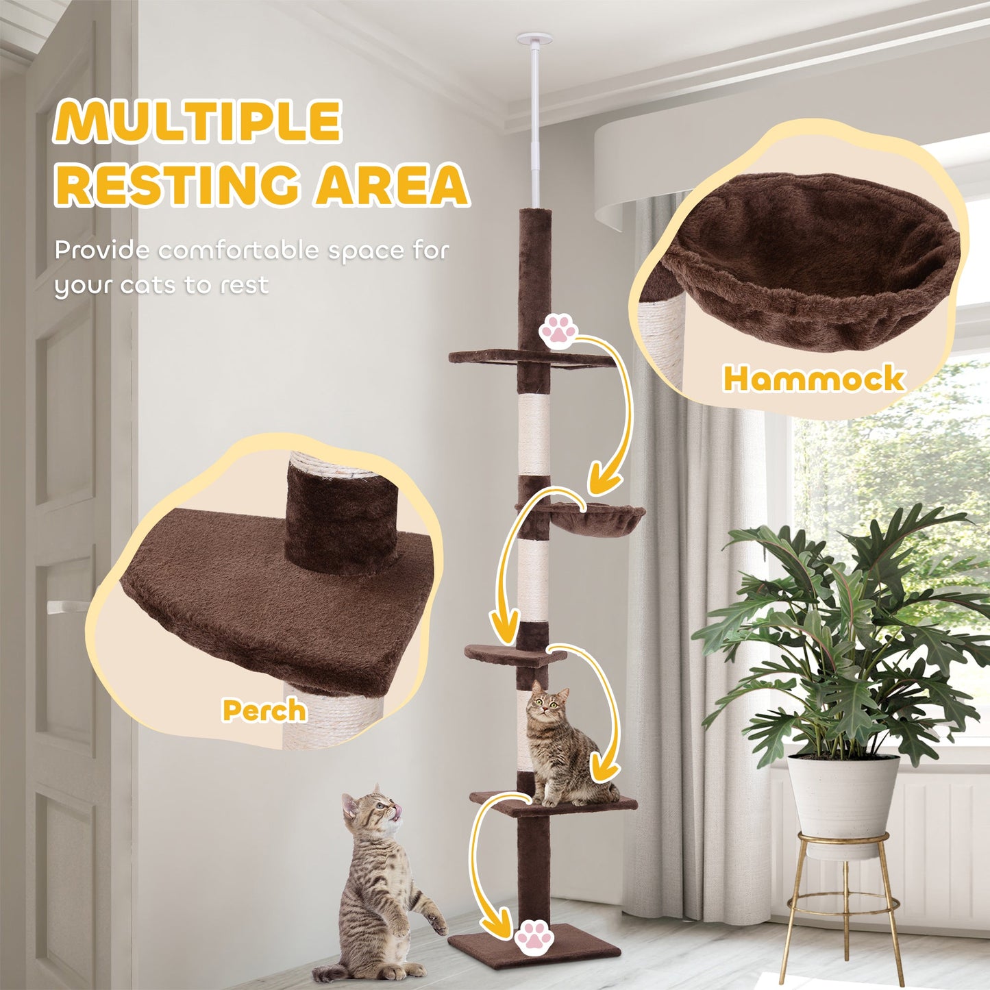 8.5ft Cat Climbing Tree 5-Tier Kitty Activity Center Floor-to-Ceiling Cat Climber Toy with Scratching Post Play Rest Post Pet Furniture Brown