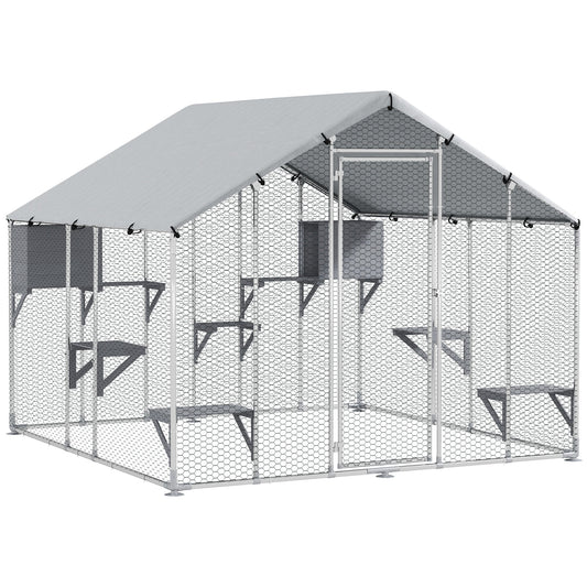 94.5" Extra Large Catio Outdoor Cat Enclosure, Walk In Cat Cage with Waterproof Cover, 2 Resting Boxes, 7 Platforms, Metal Chicken Run Hen House Rabbit Hutch for Outside