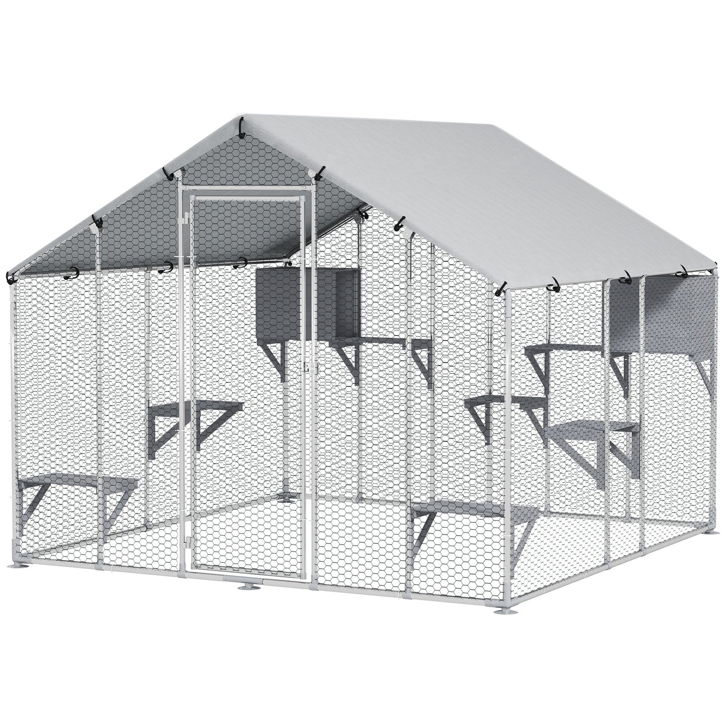 94.5" Extra Large Catio Outdoor Cat Enclosure, Walk In Cat Cage with Waterproof Cover, 2 Resting Boxes, 7 Platforms, Metal Chicken Run Hen House Rabbit Hutch for Outside