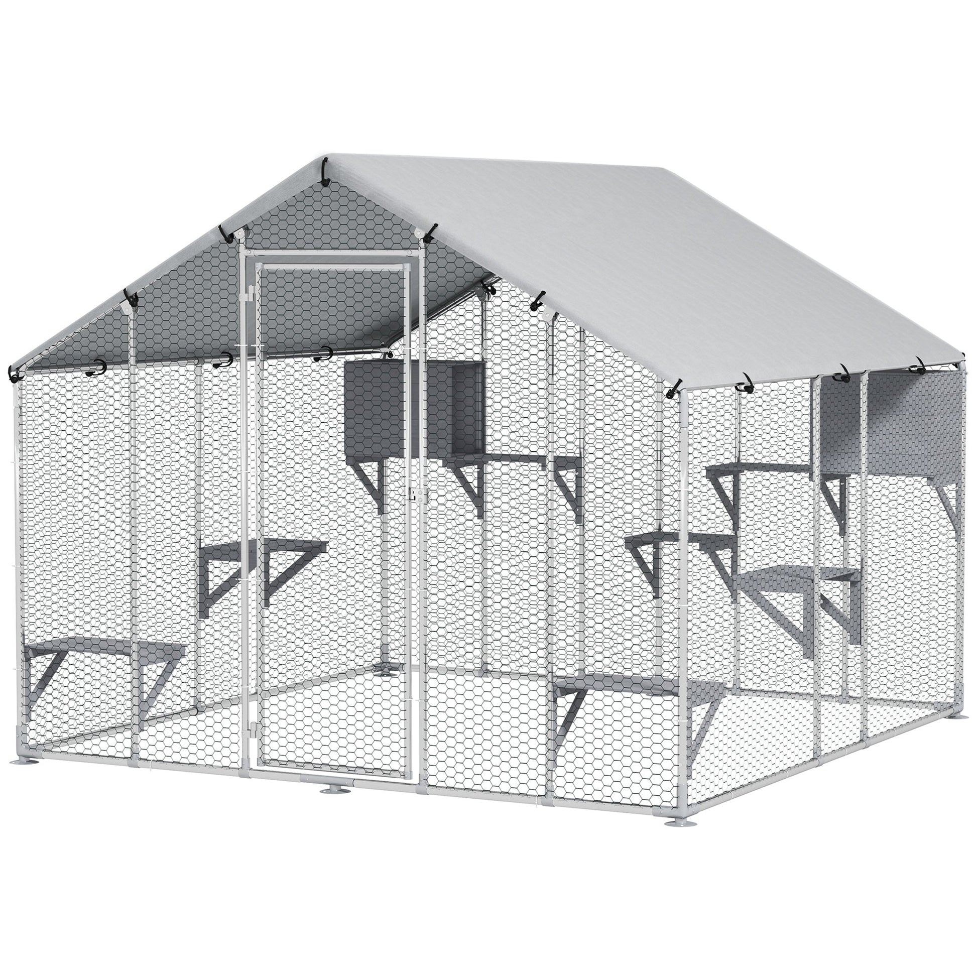 94.5" Extra Large Catio Outdoor Cat Enclosure, Walk In Cat Cage with Waterproof Cover, 2 Resting Boxes, 7 Platforms, Metal Chicken Run Hen House Rabbit Hutch for Outside