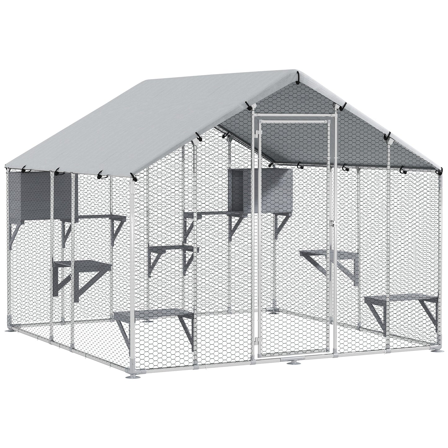 94.5" Extra Large Catio Outdoor Cat Enclosure, Walk In Cat Cage with Waterproof Cover, 2 Resting Boxes, 7 Platforms, Metal Chicken Run Hen House Rabbit Hutch for Outside
