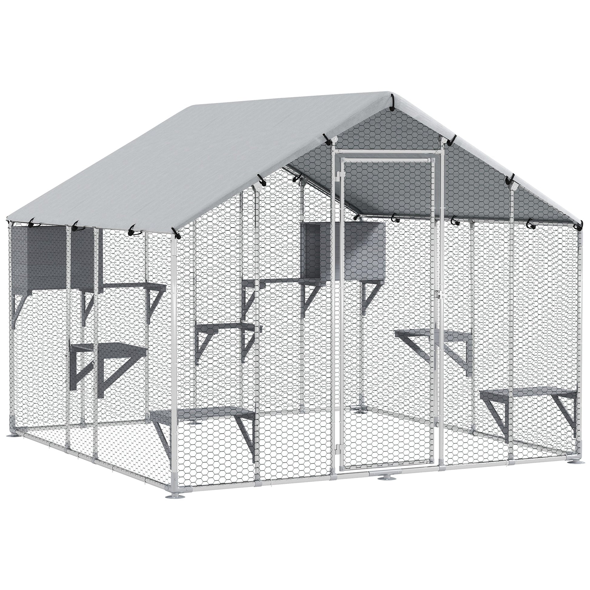 94.5" Extra Large Catio Outdoor Cat Enclosure, Walk In Cat Cage with Waterproof Cover, 2 Resting Boxes, 7 Platforms, Metal Chicken Run Hen House Rabbit Hutch for Outside