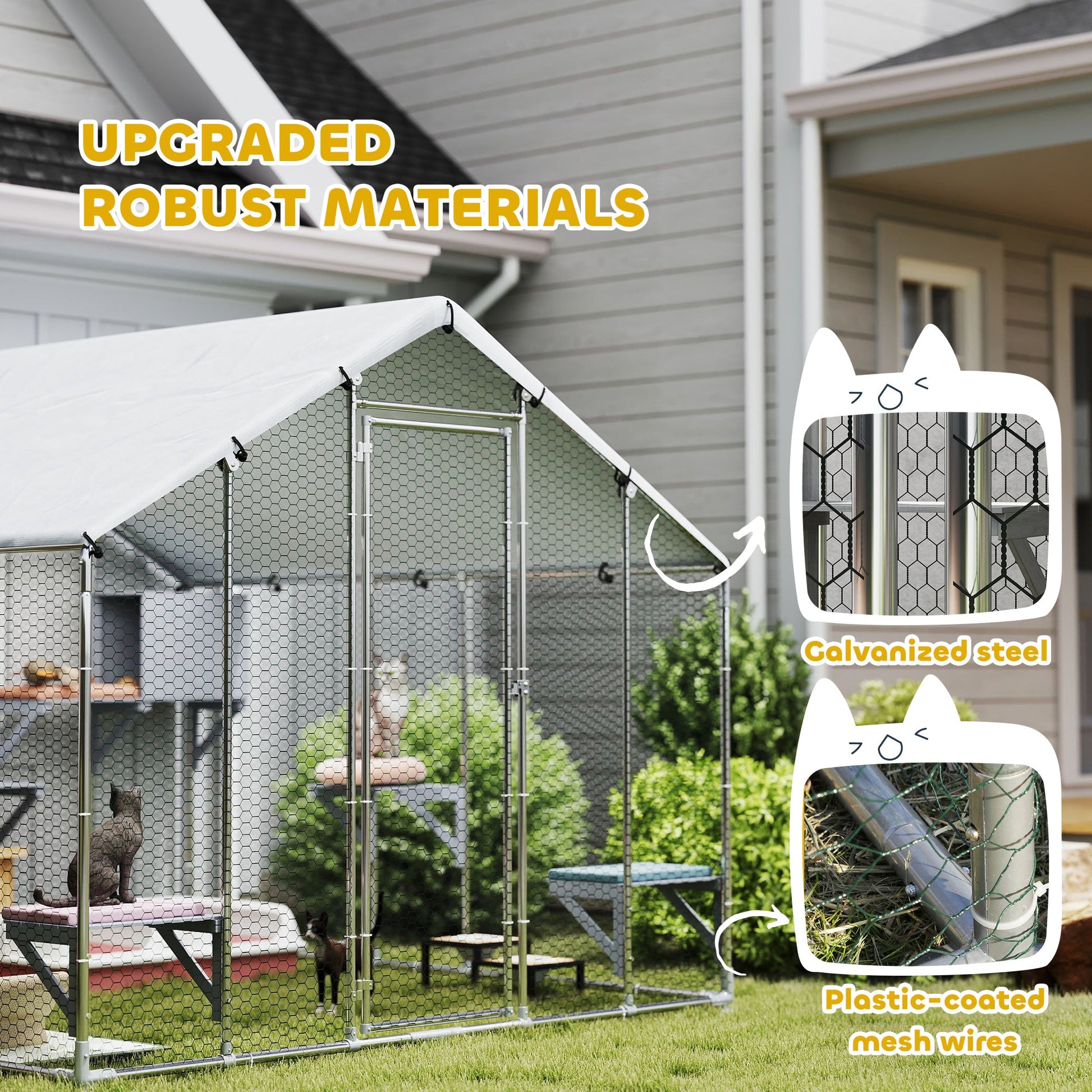 94.5" Extra Large Catio Outdoor Cat Enclosure, Walk In Cat Cage with Waterproof Cover, 2 Resting Boxes, 7 Platforms, Metal Chicken Run Hen House Rabbit Hutch for Outside