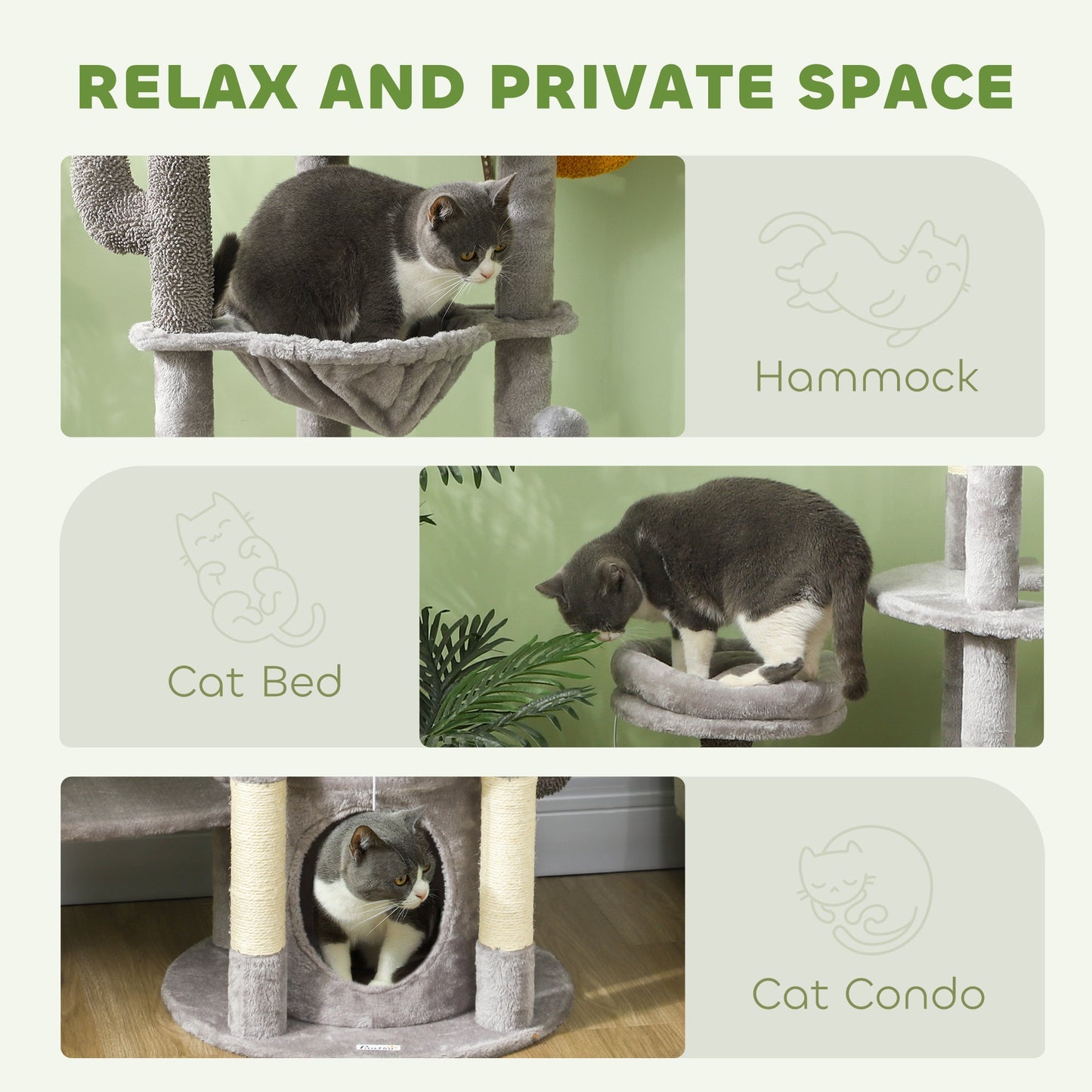 71" Tall Cat Tree, Multi-Level Cat Tower for Indoor, Corner DIY Design with Scratching Posts, Sisal Pad, Condo, Bed, Hammock, Platforms, Balls, Activity Center, Light Grey