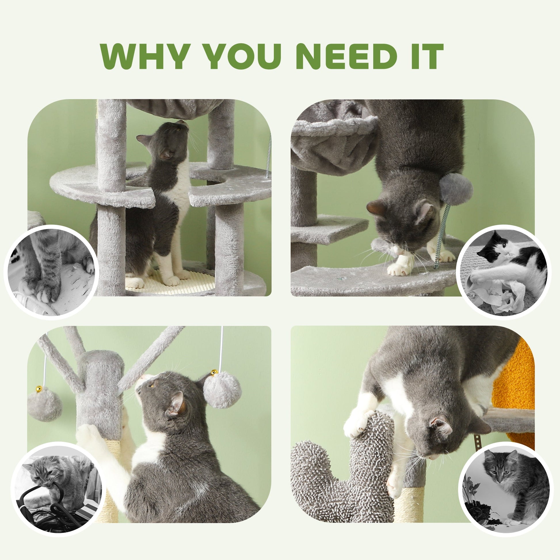 71" Tall Cat Tree, Multi-Level Cat Tower for Indoor, Corner DIY Design with Scratching Posts, Sisal Pad, Condo, Bed, Hammock, Platforms, Balls, Activity Center, Light Grey