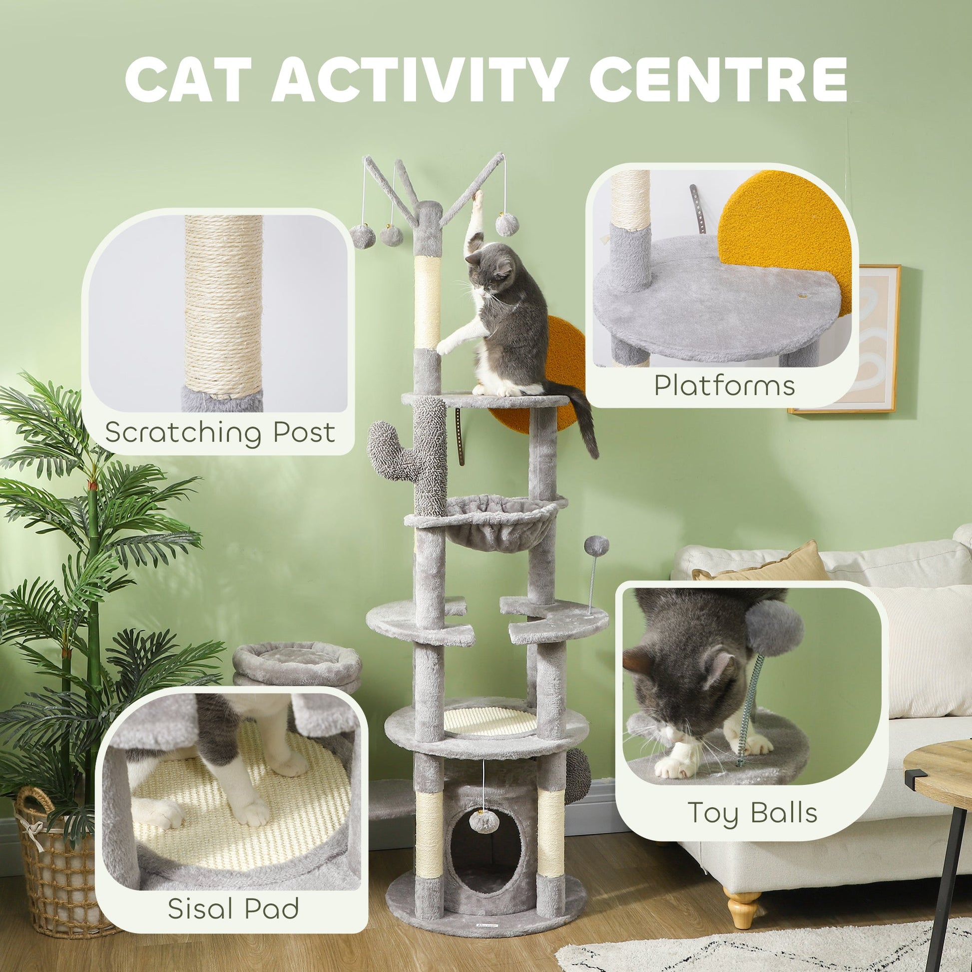 71" Tall Cat Tree, Multi-Level Cat Tower for Indoor, Corner DIY Design with Scratching Posts, Sisal Pad, Condo, Bed, Hammock, Platforms, Balls, Activity Center, Light Grey
